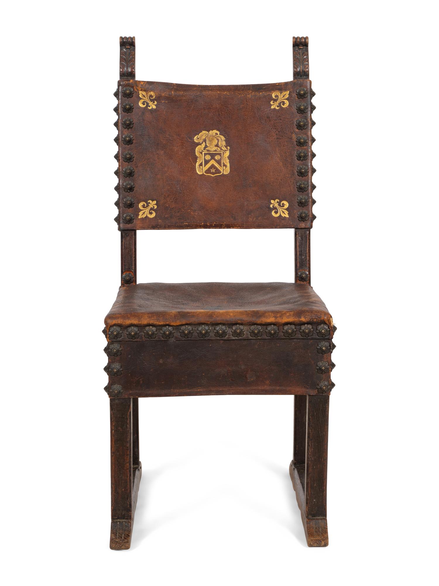 A Baroque Style Oak and Gilt-Tooled Leather Side Chair