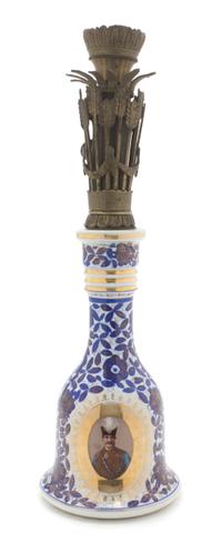 A Qajar Metal Mounted Porcelain Huqqa, Height overall 16 1/2 inches.