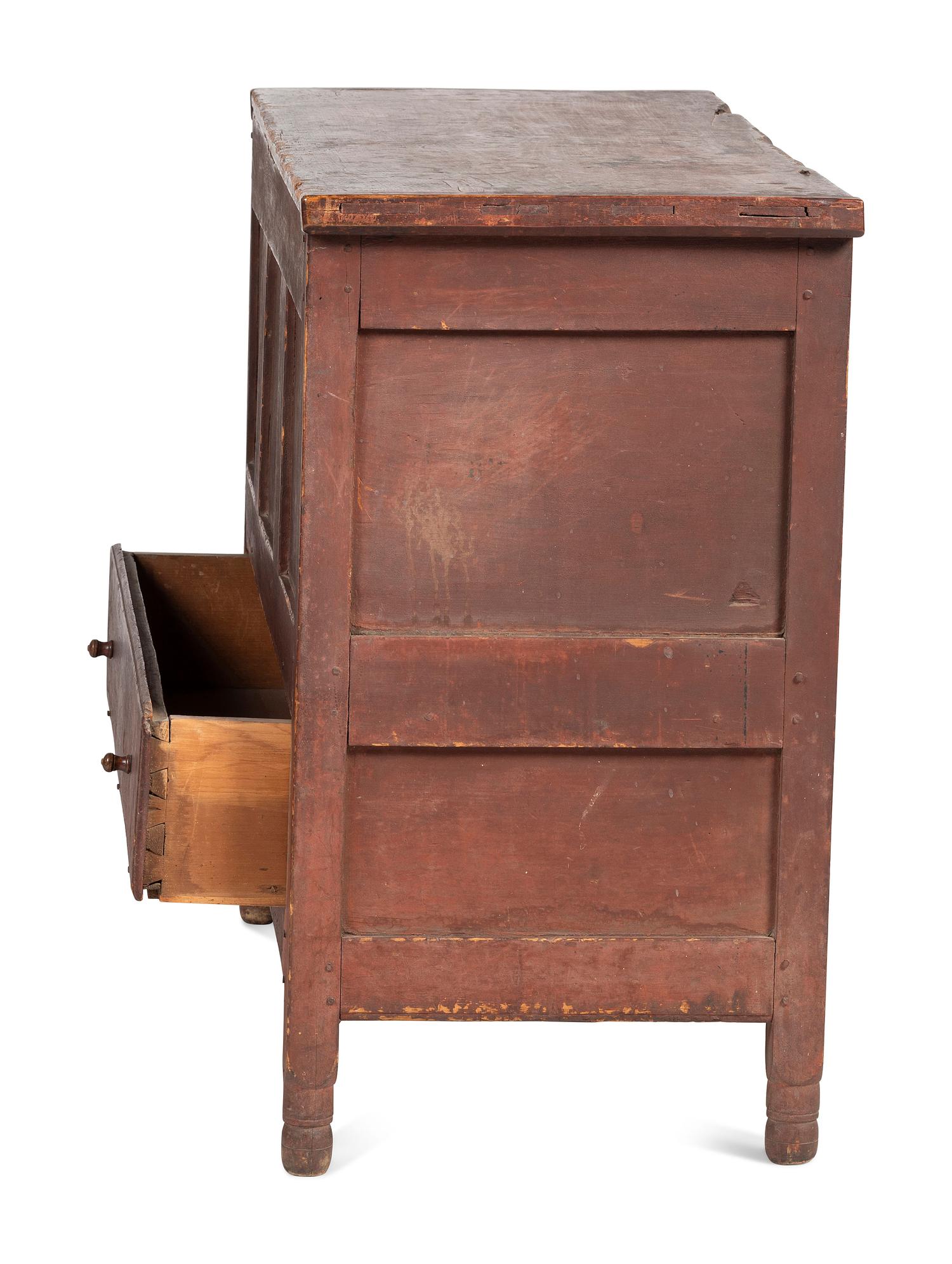 A Country Paneled Red Painted Pine and Maple One-Drawer Blanket Chest, Early 18th Century