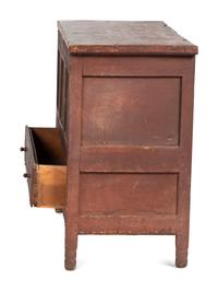 A Country Paneled Red Painted Pine and Maple One-Drawer Blanket Chest, Early 18th Century