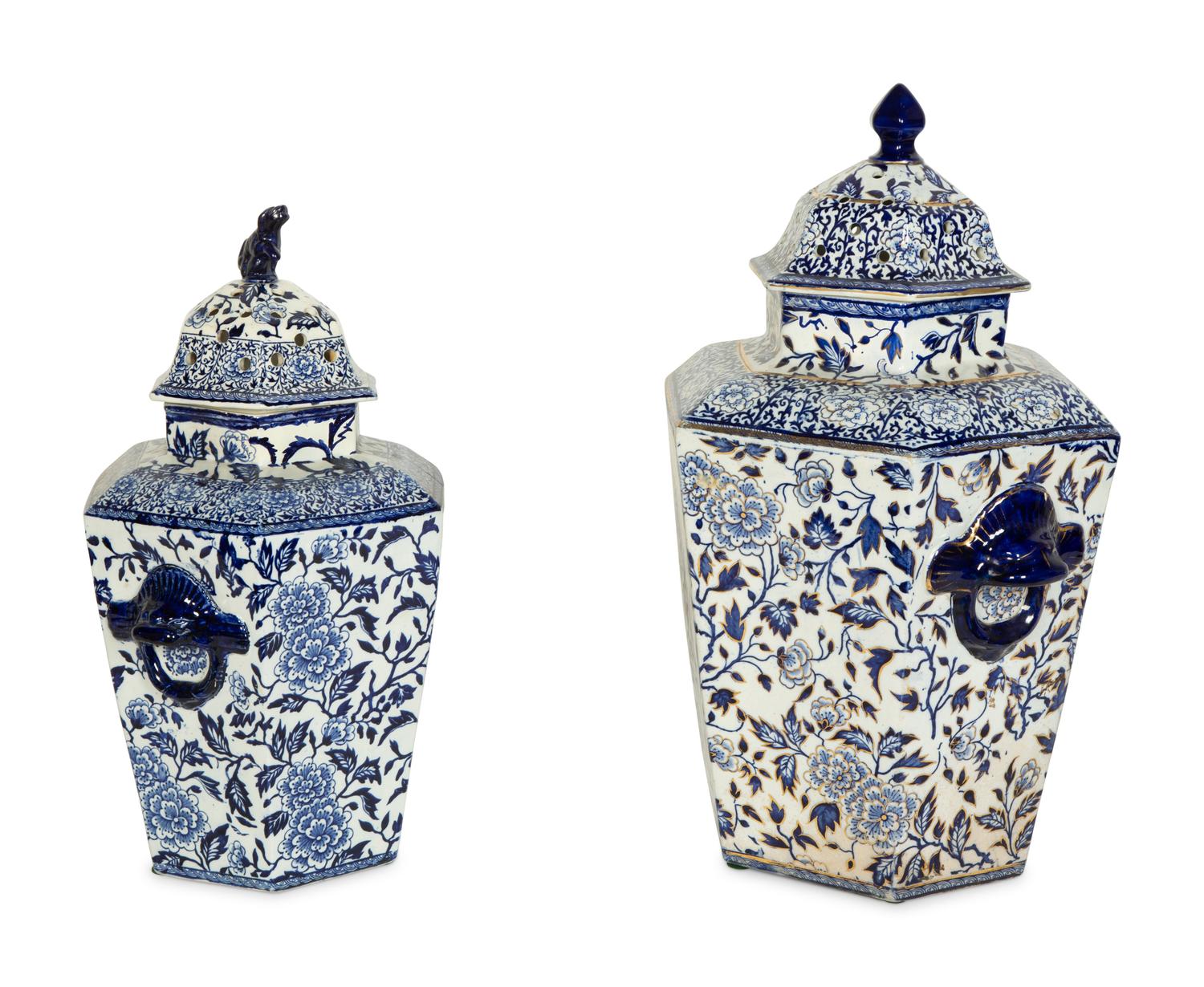 Two English Transfer-Decorated Stoneware Potpourri Vases
