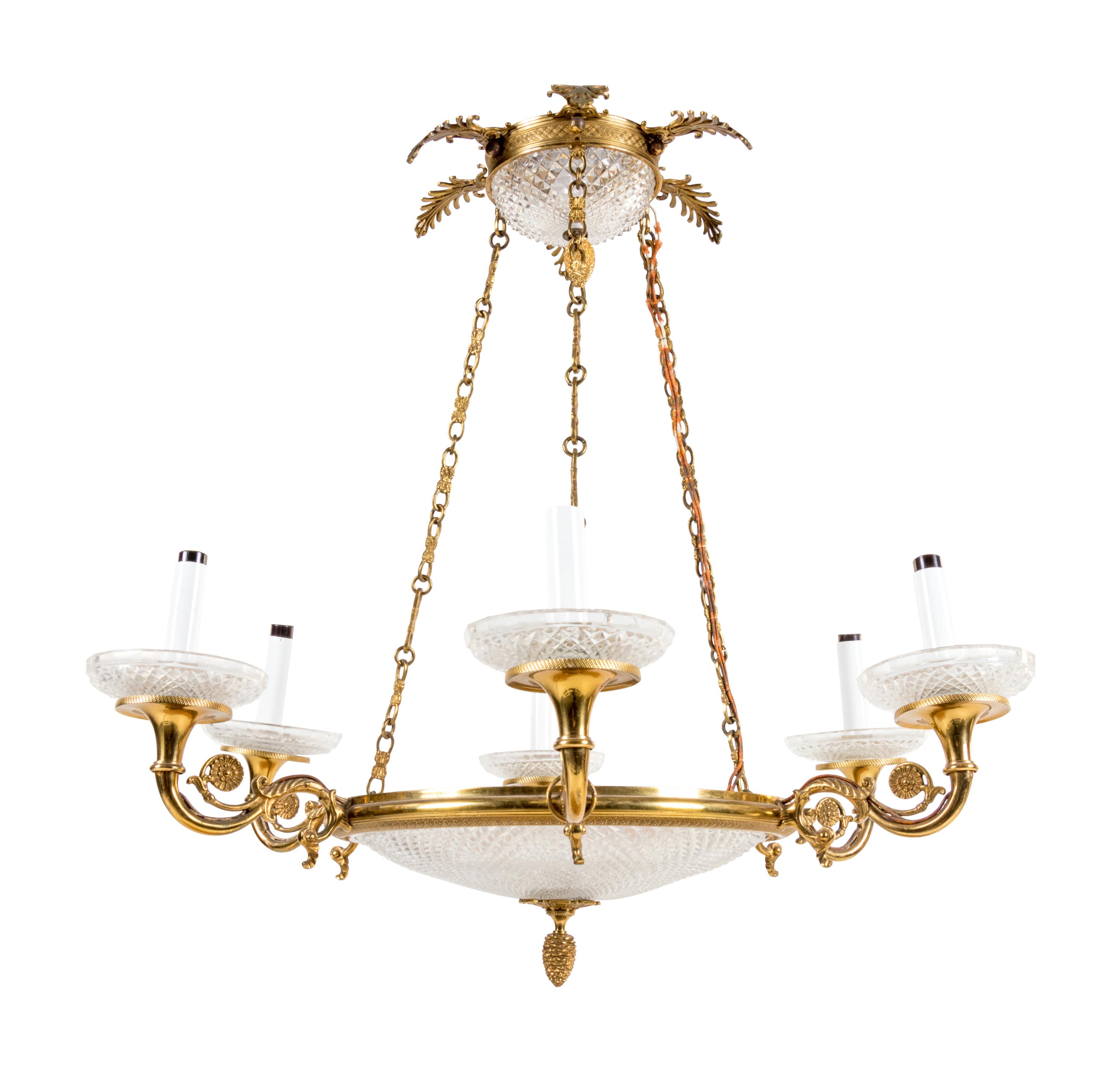 An Empire Style Gilt Metal and Cut Glass Six-Light Chandelier