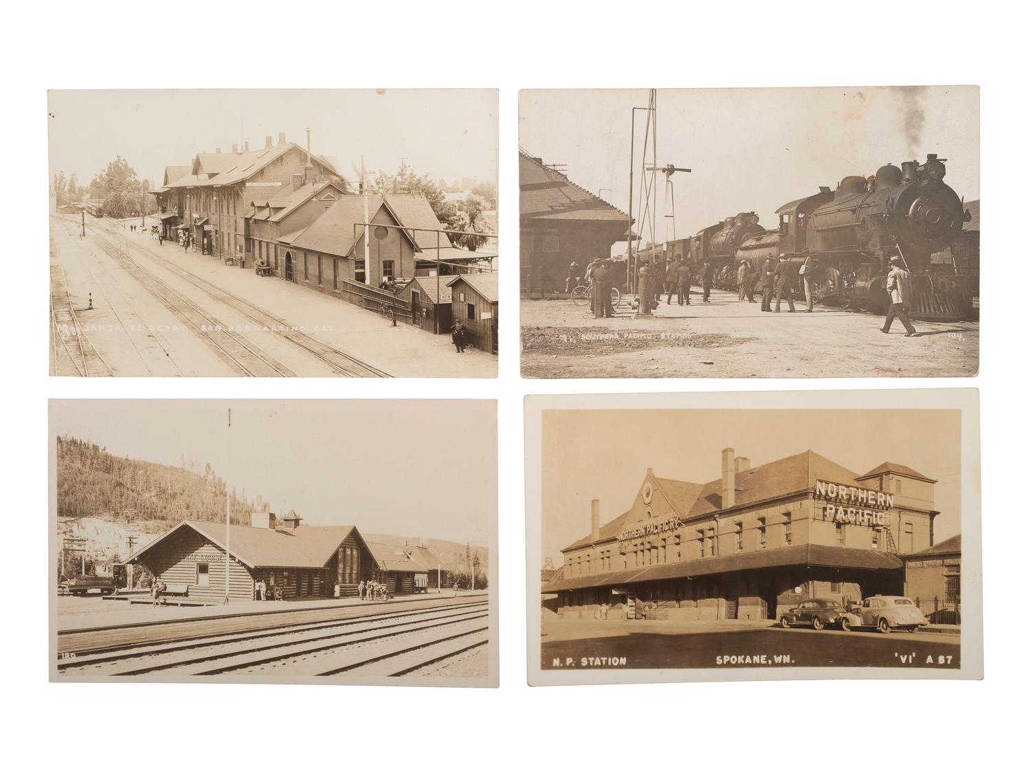 [RAILROADS]. Over 120 RPPCs & photographs of railroad stations, train depots, and roundhouses.