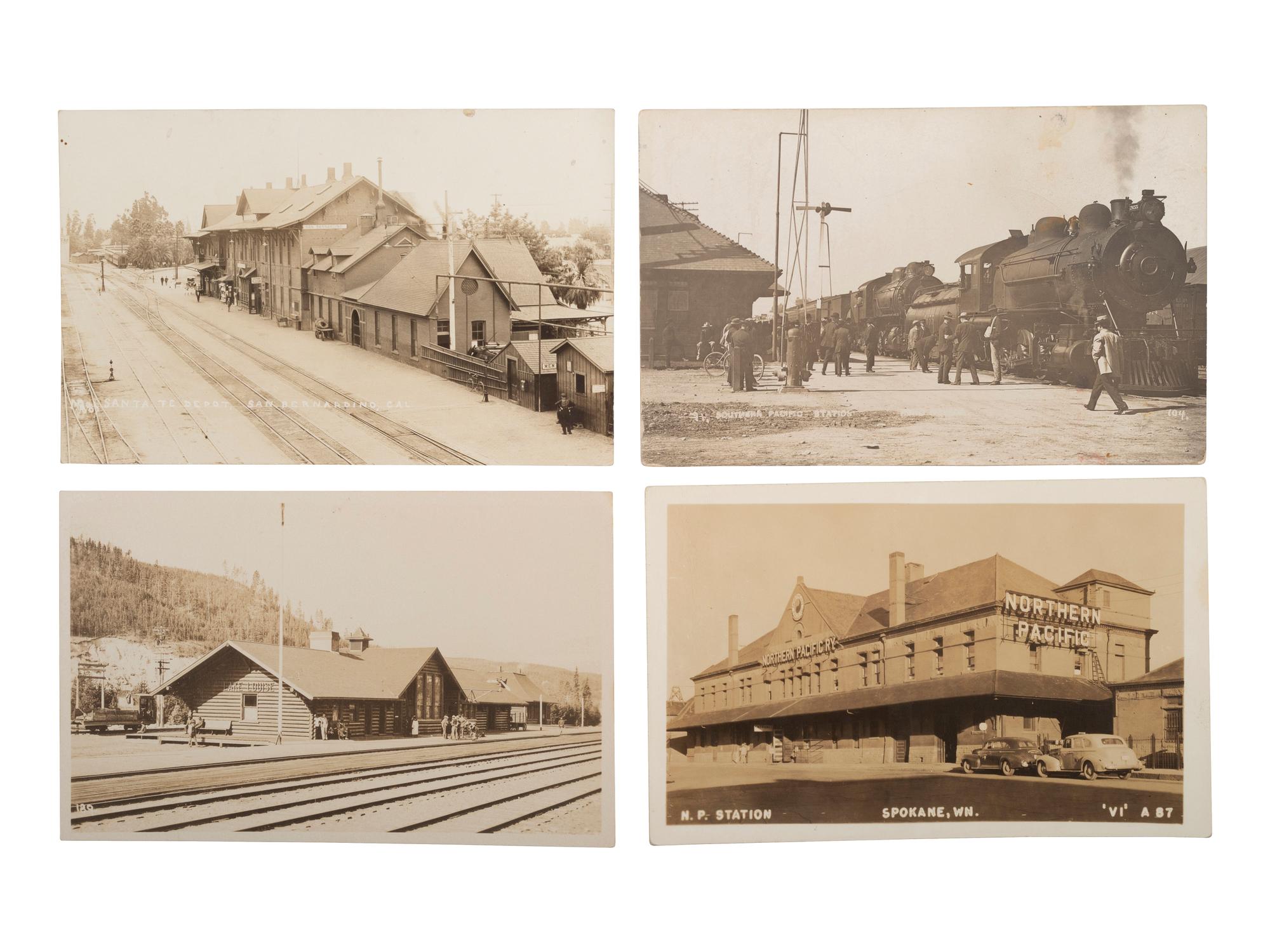 [RAILROADS]. Over 120 RPPCs & photographs of railroad stations, train depots, and roundhouses.