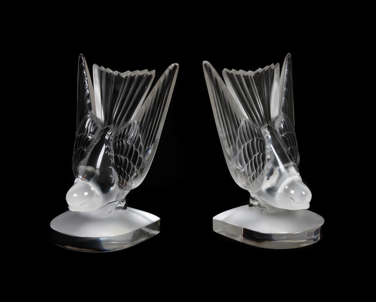 A Pair of Lalique Deux Hirondelles Molded Glass Bookends