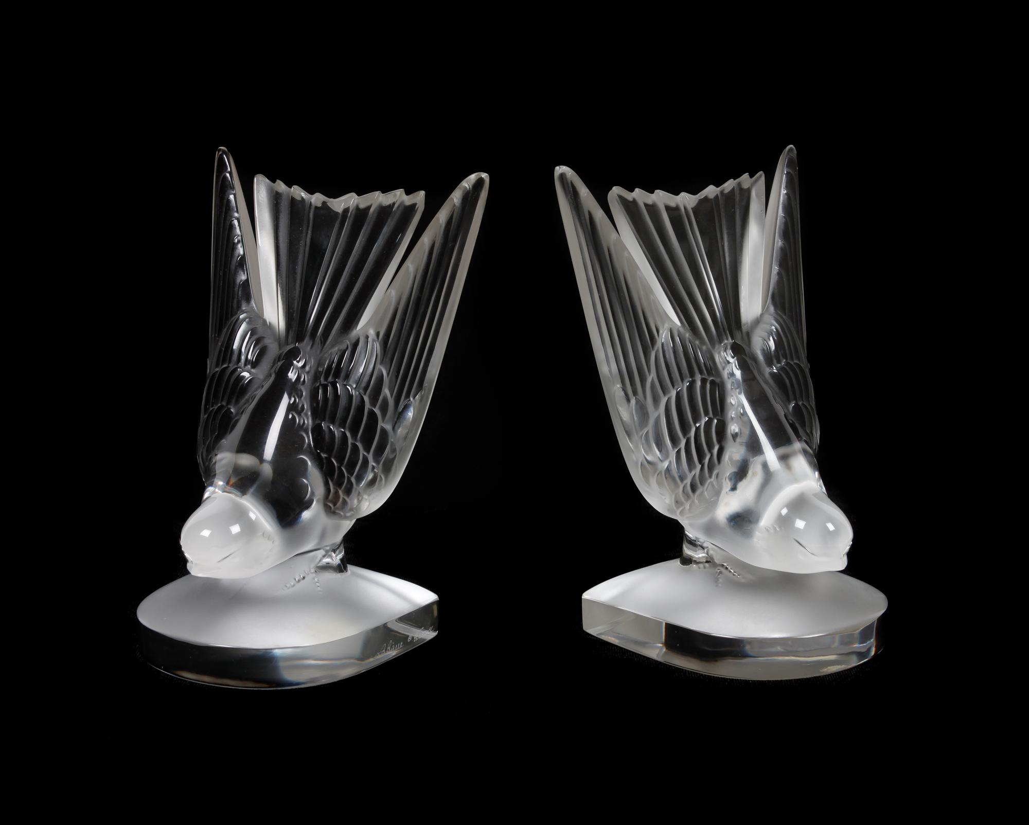A Pair of Lalique Deux Hirondelles Molded Glass Bookends