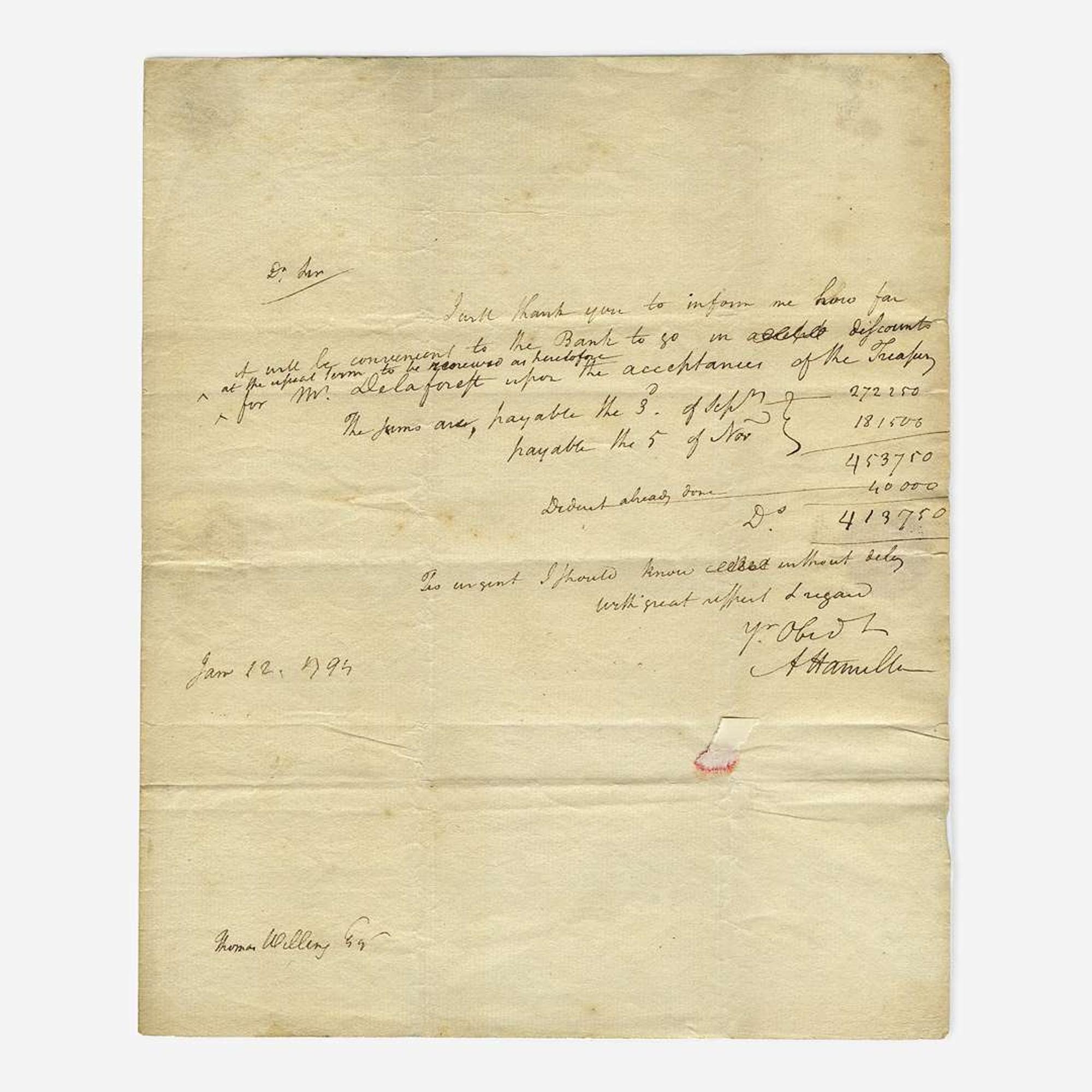 [Hamilton, Alexander] [First Bank of the United States] Autograph Letter, signed