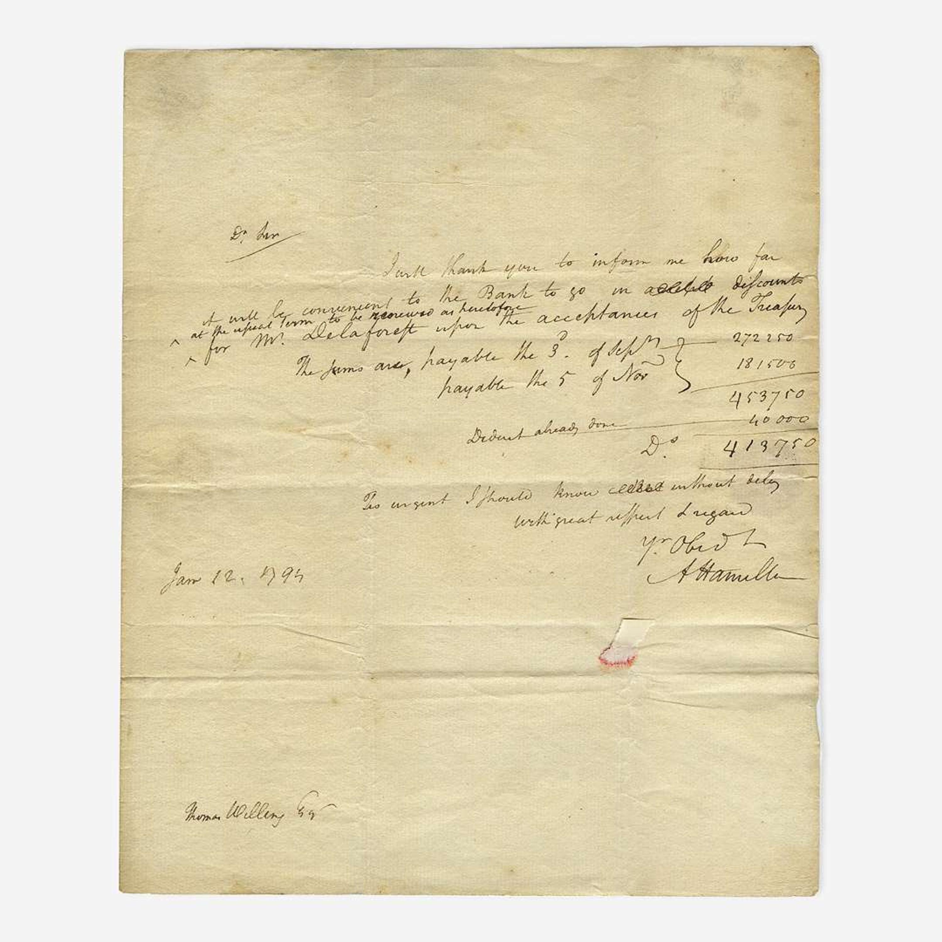 [Hamilton, Alexander] [First Bank of the United States] Autograph Letter, signed