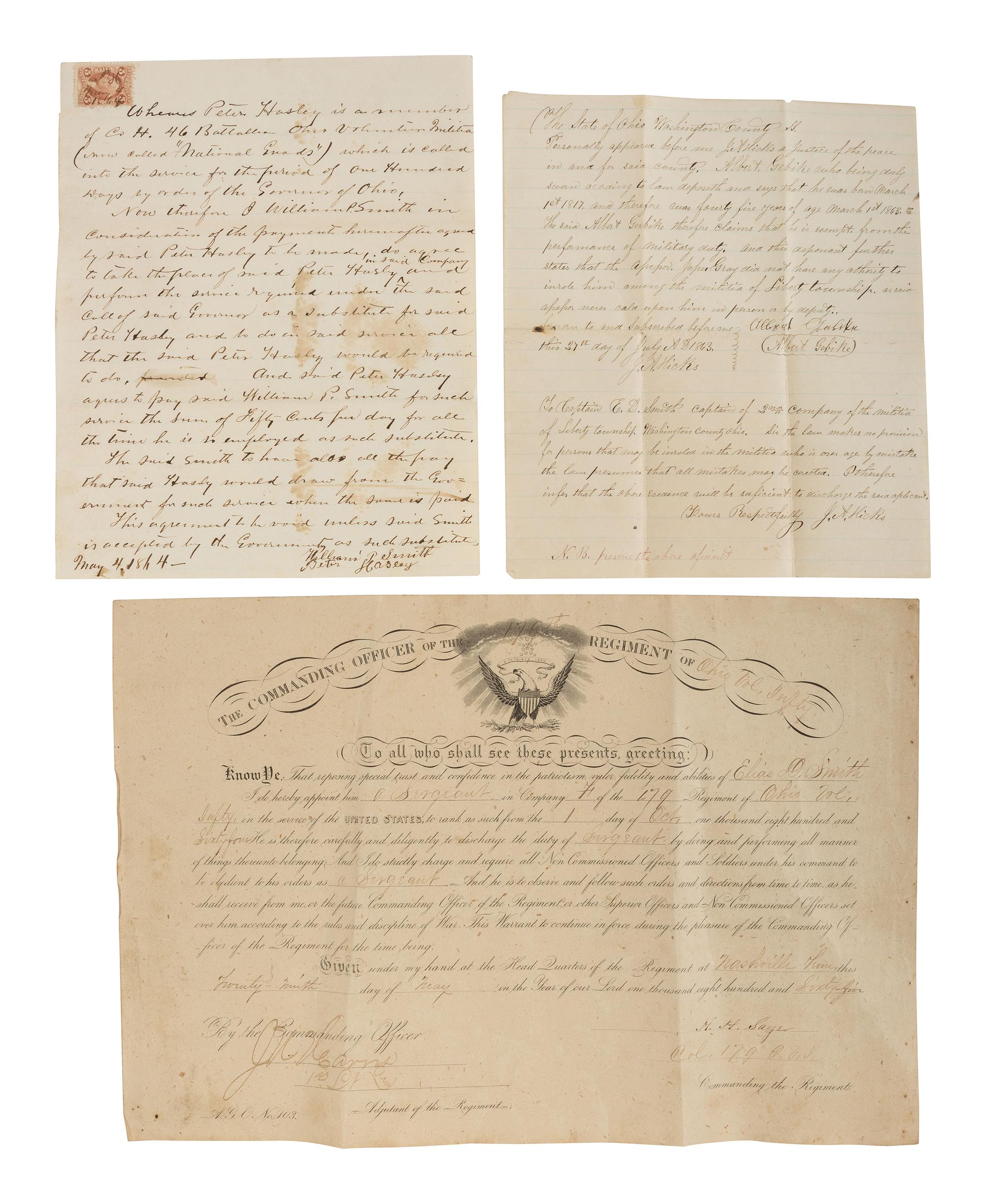 [CIVIL WAR] -- [MORGAN'S RAID]. Papers of Captain Elias D. Smith, Ohio Militia and 179th OVI, incl. muster roll of men called for the defense of eastern Ohio against John Hunt Morgan's raiders.