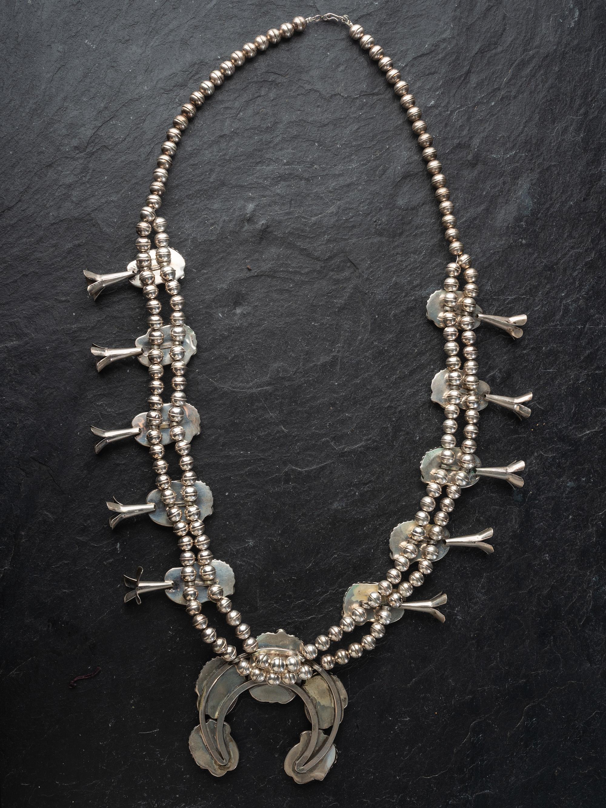 Navajo Silver and Turquoise Squash Blossom Necklace Suite