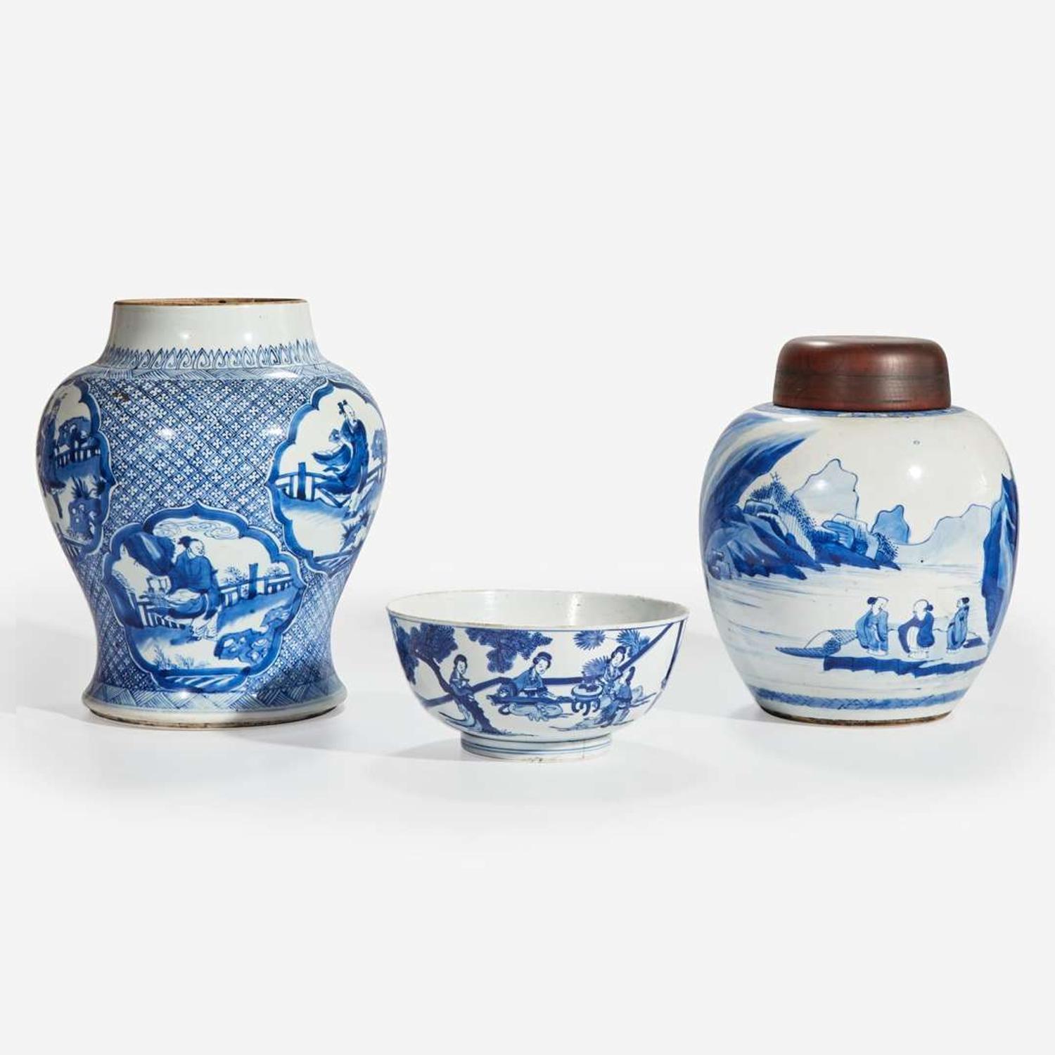 Two Chinese blue and white porcelain jars and one bowl Kangxi period and later