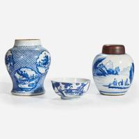 Two Chinese blue and white porcelain jars and one bowl Kangxi period and later