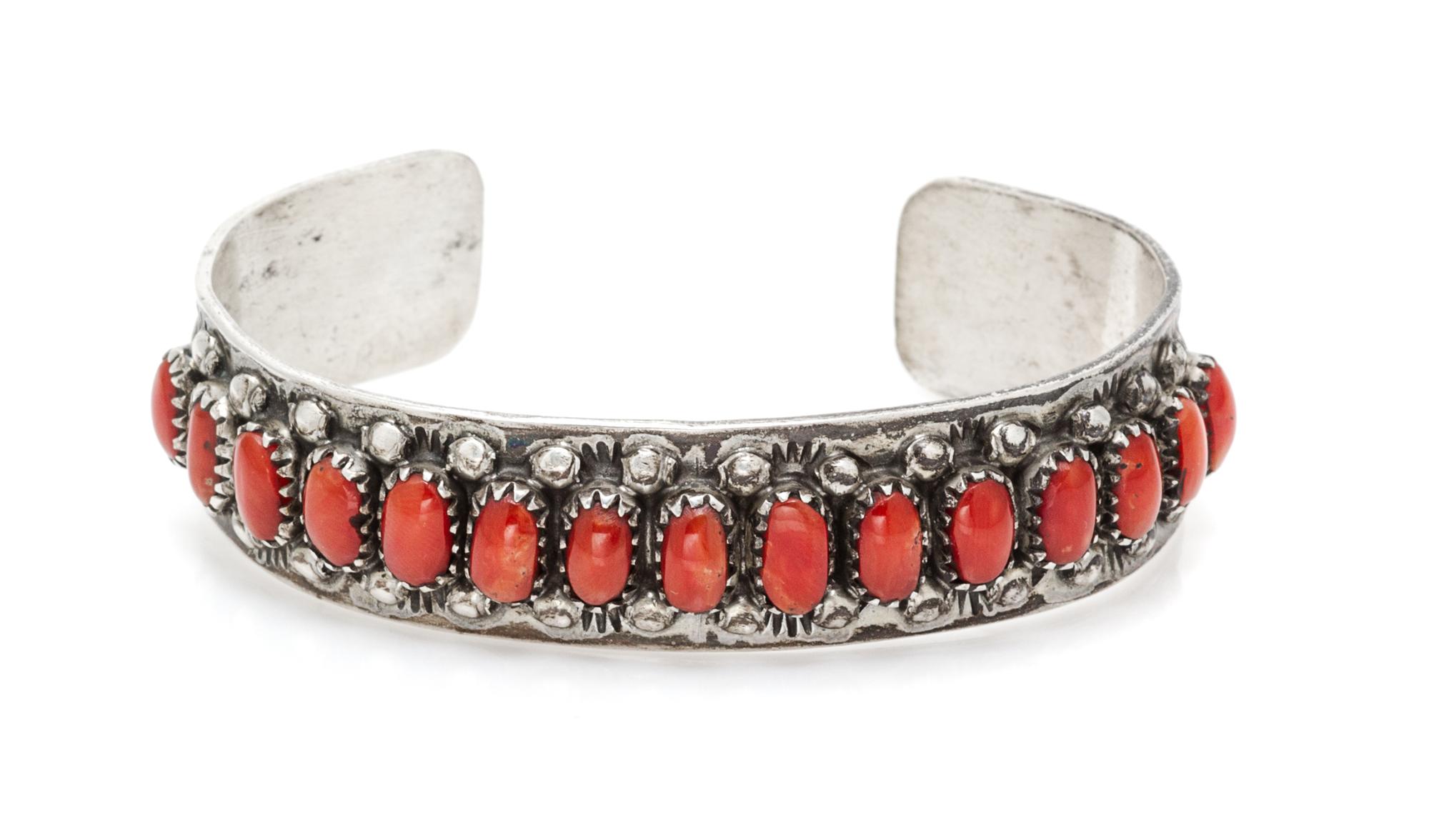 A Silver and Coral Cuff, Fred Weekoty, Zuni, 17.90 dwts.