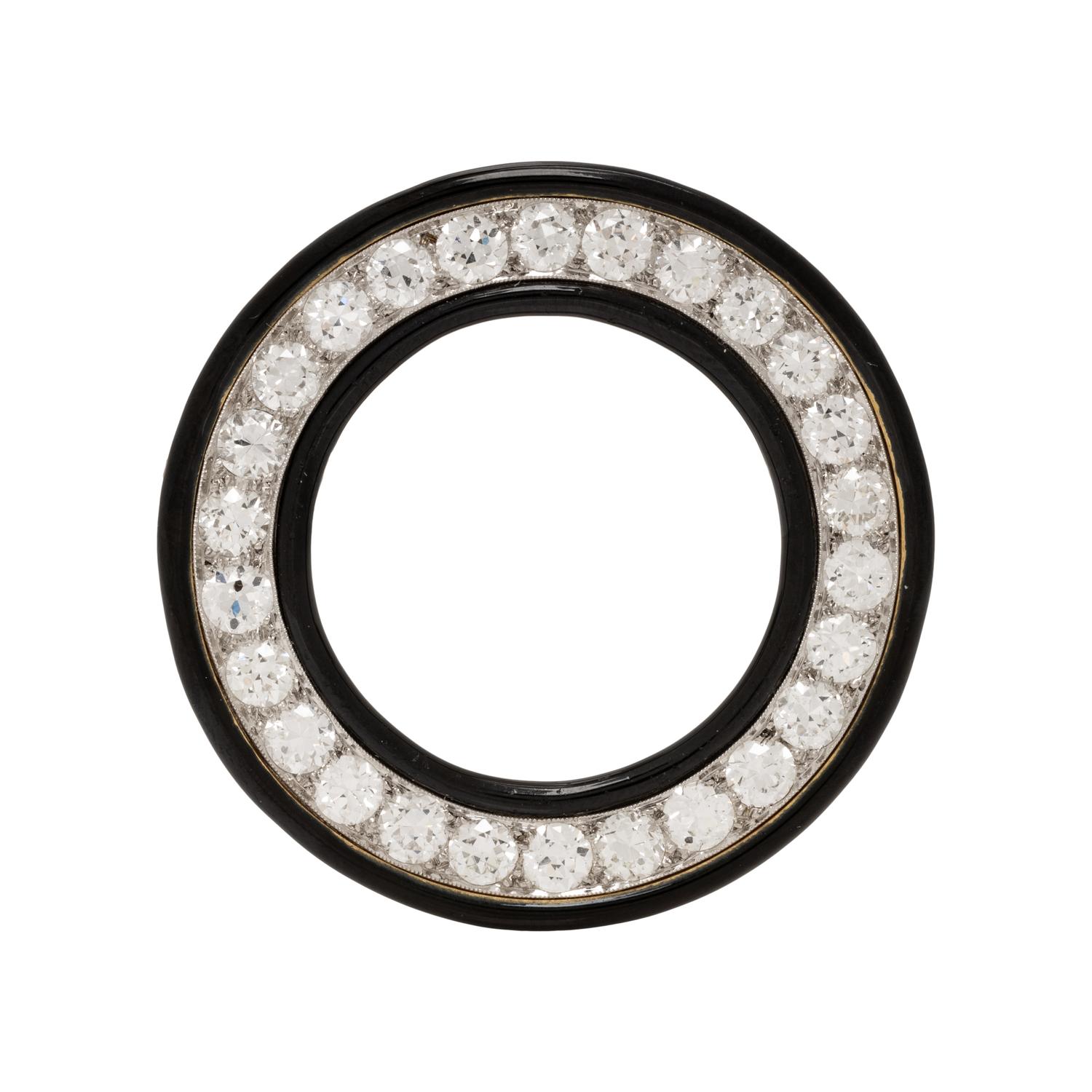ART DECO, DIAMOND, ONYX AND ENAMEL BROOCH