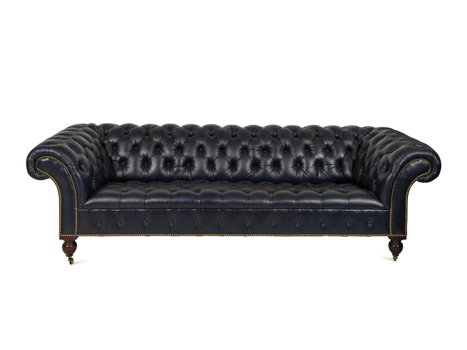 A Navy Blue Calfskin Upholstered Chesterfield Sofa