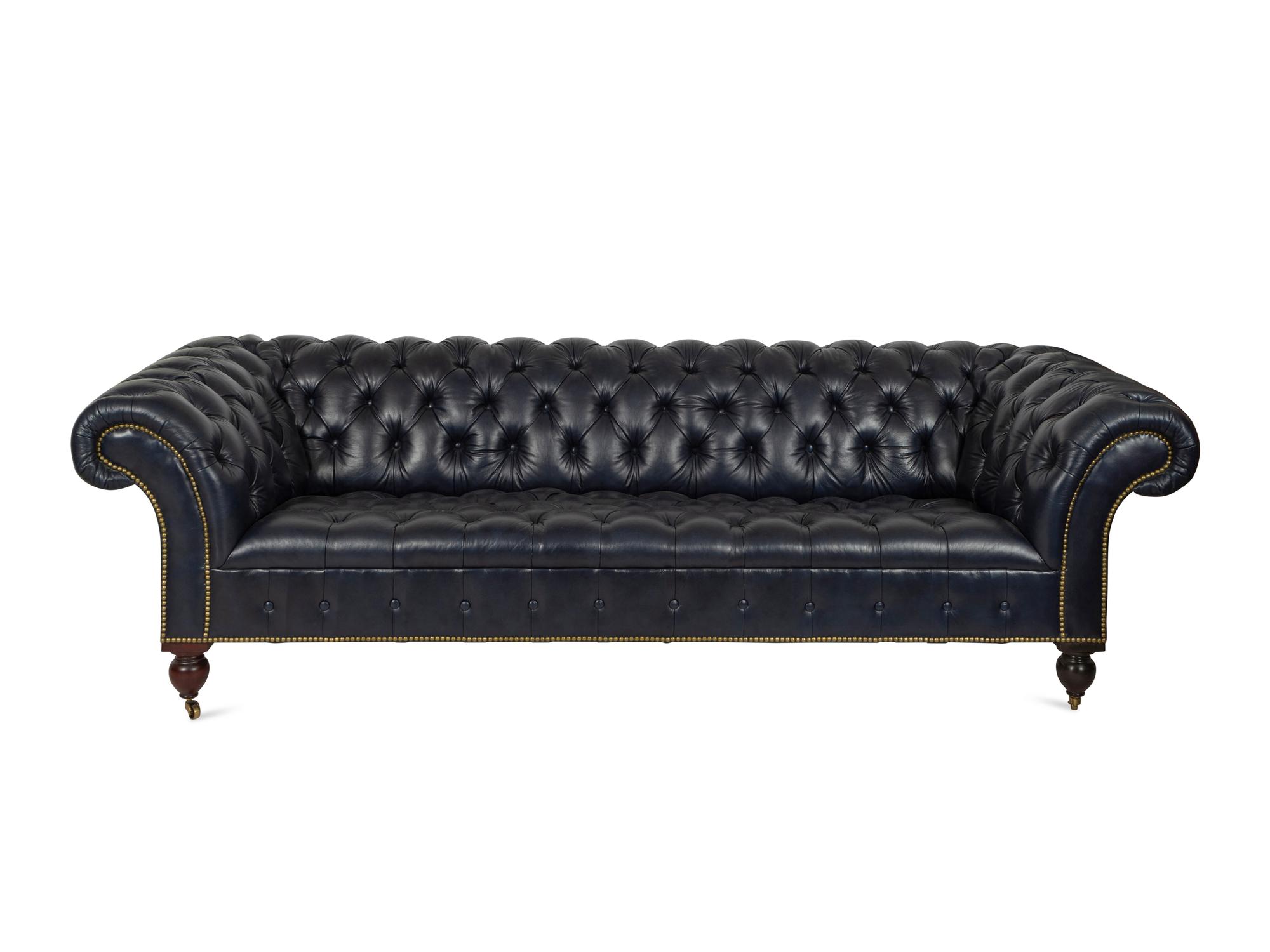 A Navy Blue Calfskin Upholstered Chesterfield Sofa
