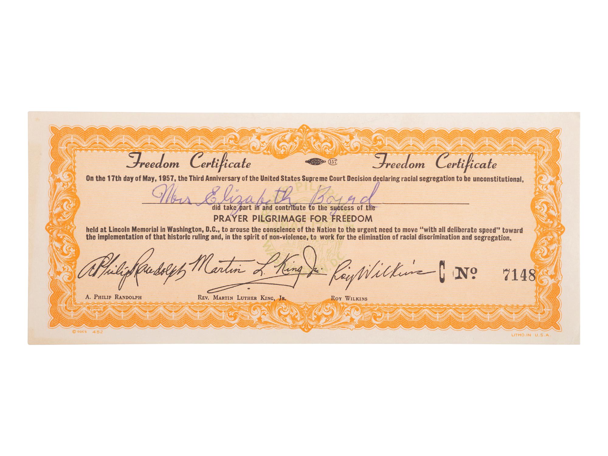 [CIVIL RIGHTS] -- [KING, Martin Luther, Jr. (1929-1968)]. "Freedom Certificate" issued for participation in the Prayer Pilgrimage for Freedom held at Lincoln Memorial, Washington, DC. 17 May 1957.
