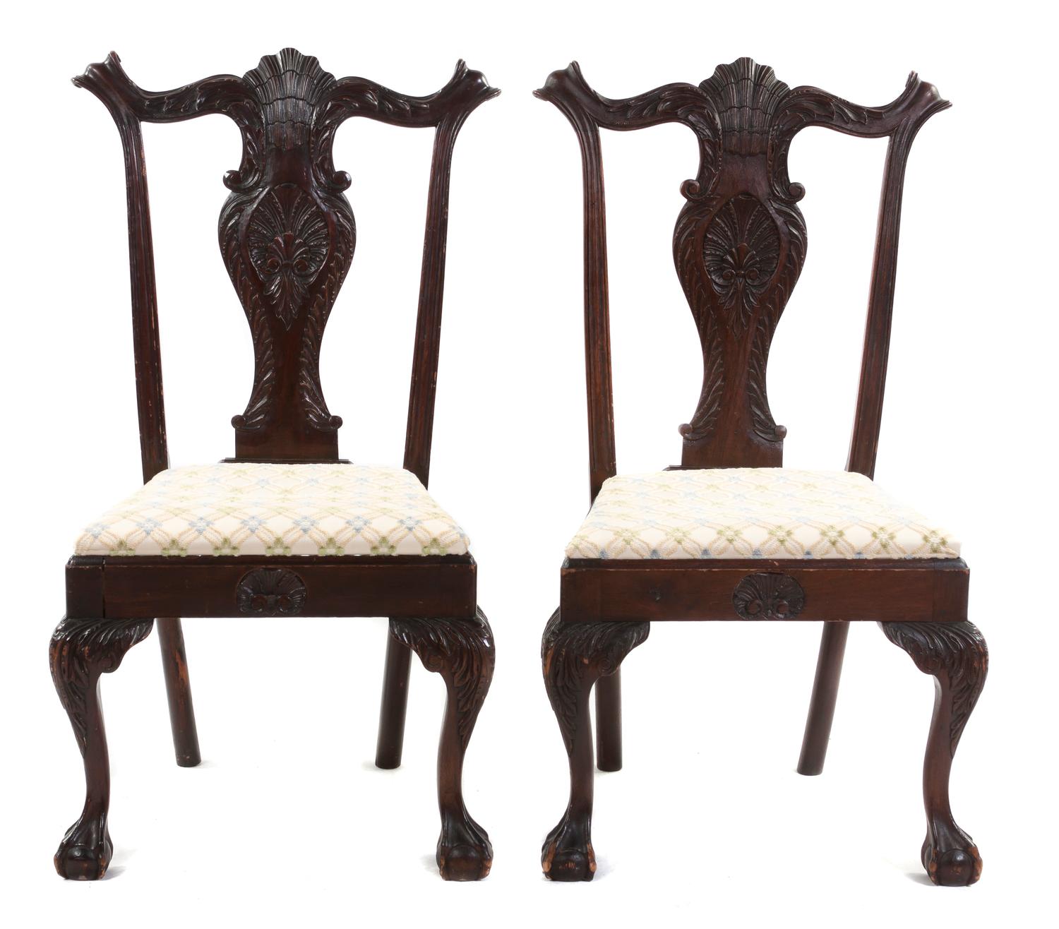 A Pair of Portuguese Chippendale Style Side Chairs, Height 40 inches.