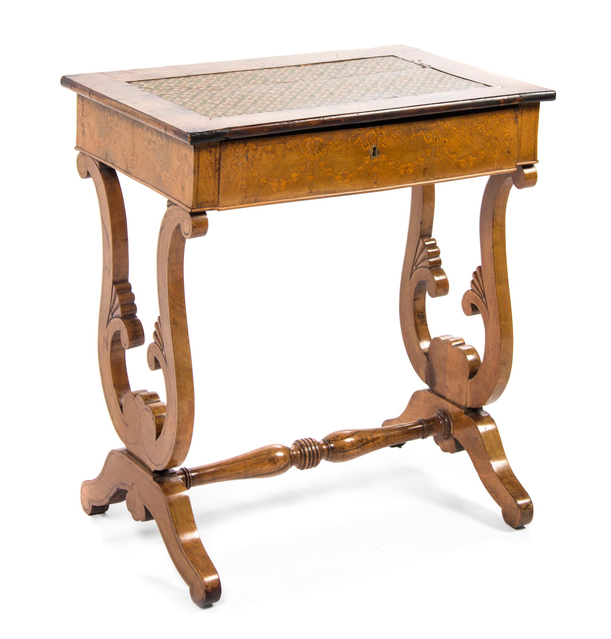 A Continental Marquetry Writing Table, Height 28 3/4 x width 25 x depth 16 1/2 inches.