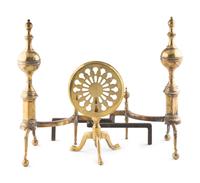 A Pair of Brass Andirons and a Fireplace Trivet