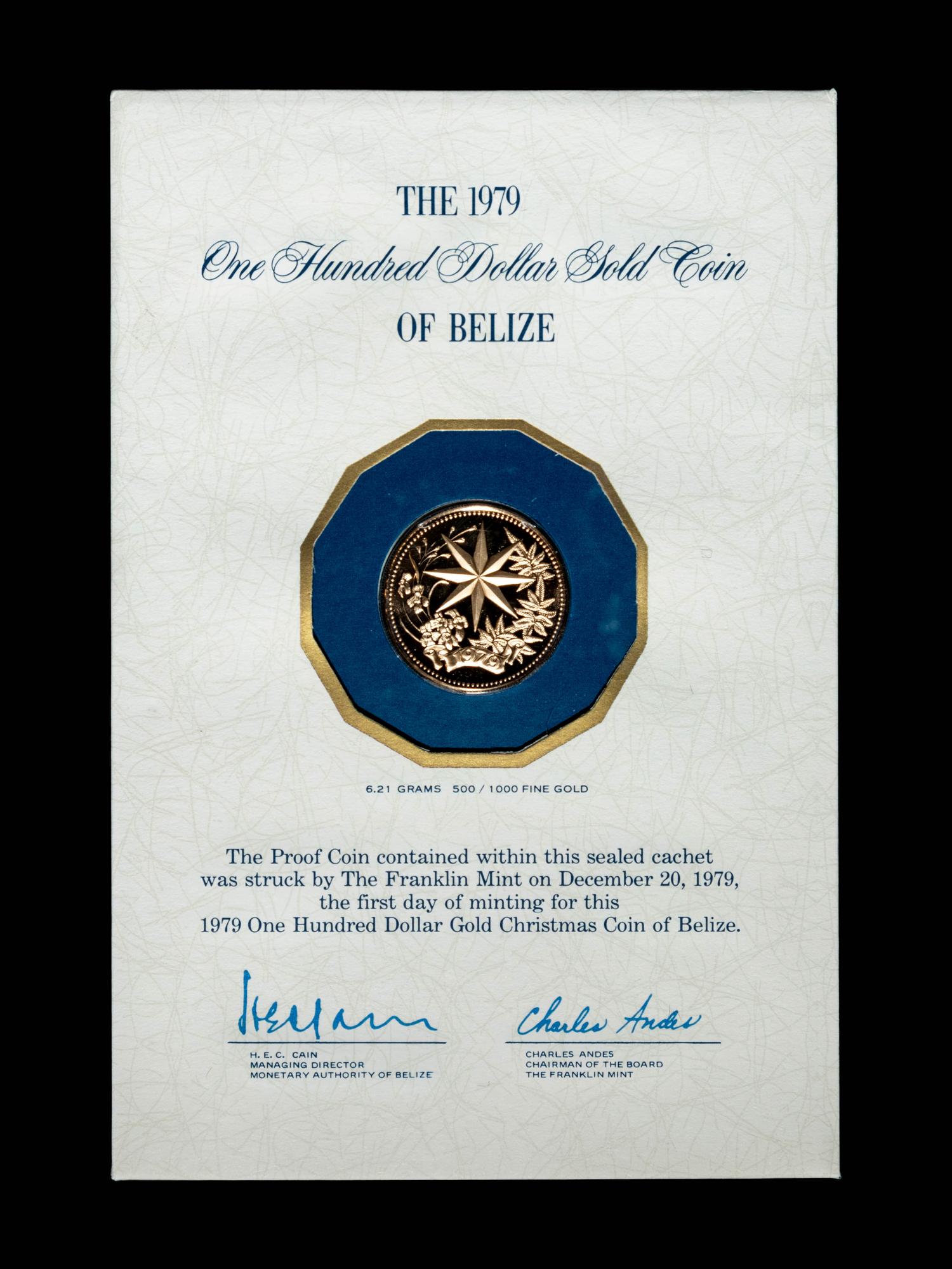 A 1979 Belize Issued Franklin Mint Struck ' The Golden Star of Christmas' $100 Gold Proof