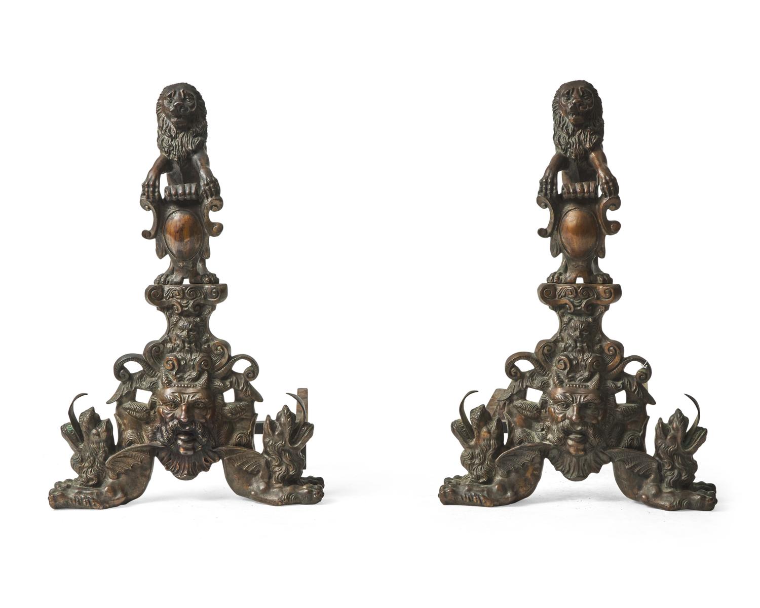 A large pair of Renaissance Revival bronze andirons, possibly Venice, Italy, 19th century