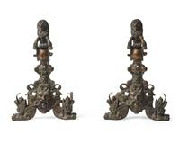A large pair of Renaissance Revival bronze andirons, possibly Venice, Italy, 19th century