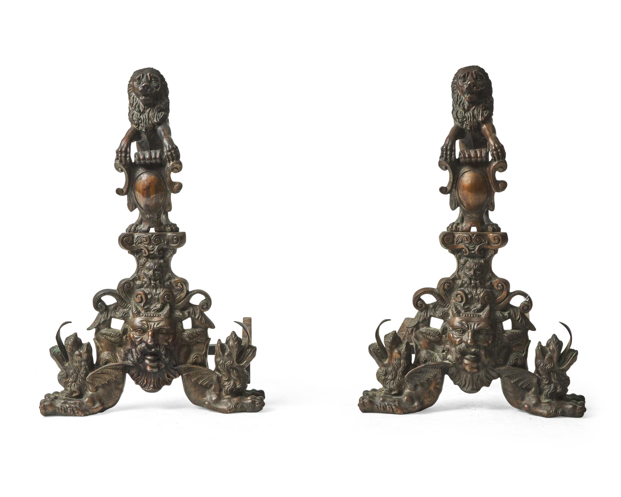 A large pair of Renaissance Revival bronze andirons, possibly Venice, Italy, 19th century