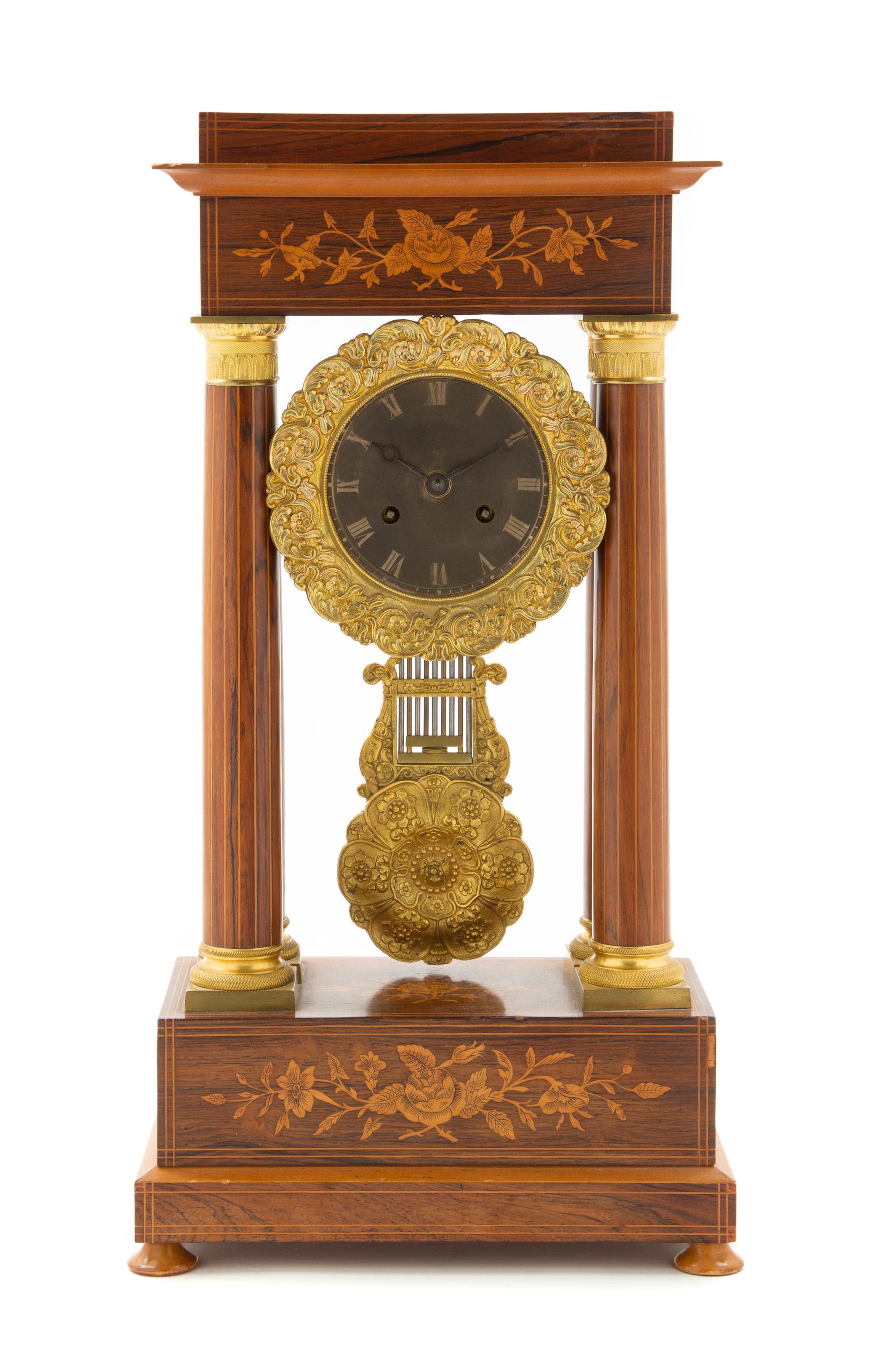 A Napoleon III Parquetry Portico Clock Height 20 inches. — LATE 19TH/EARLY 20TH CENTURY