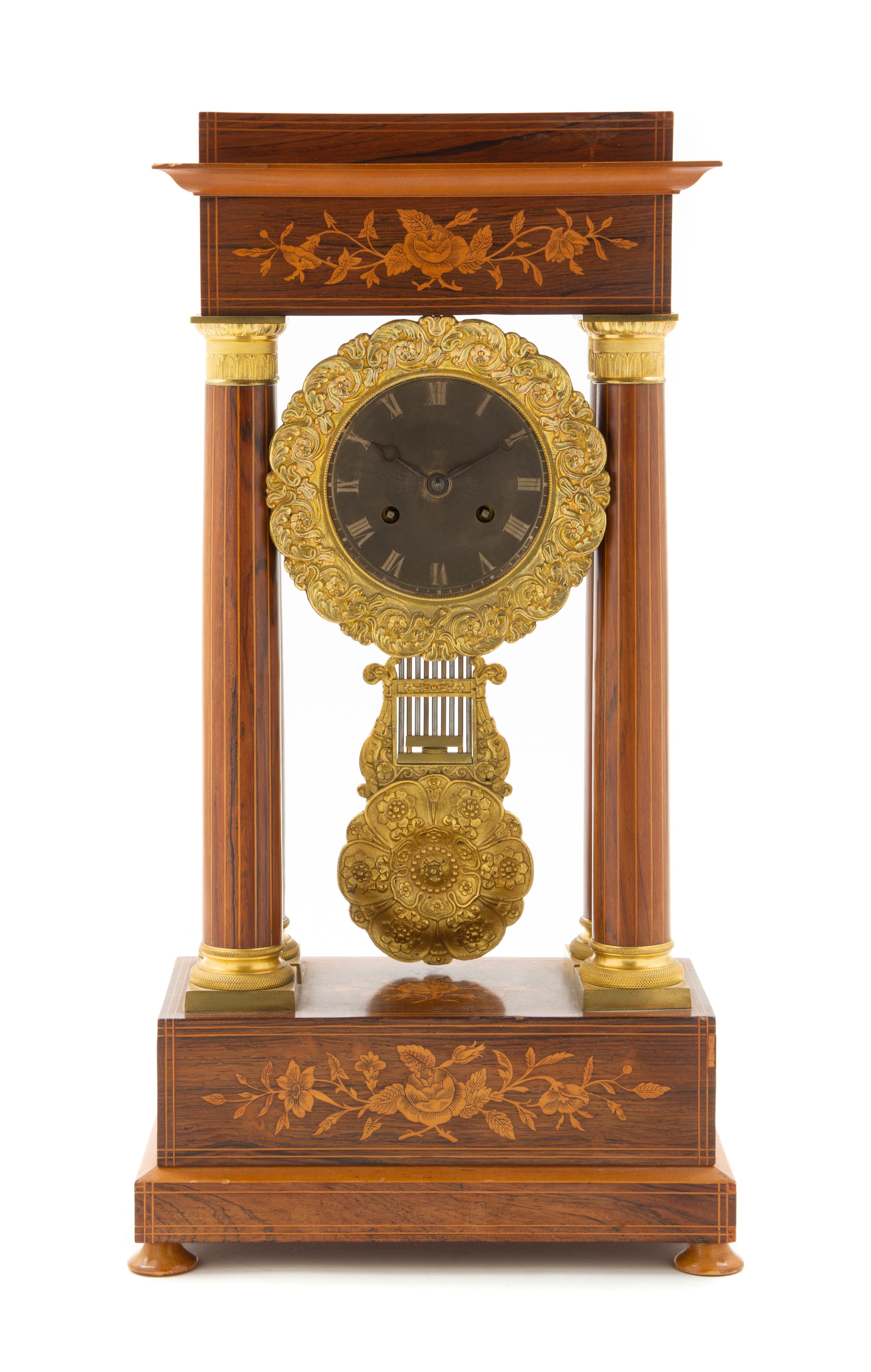 A Napoleon III Parquetry Portico Clock Height 20 inches. — LATE 19TH/EARLY 20TH CENTURY