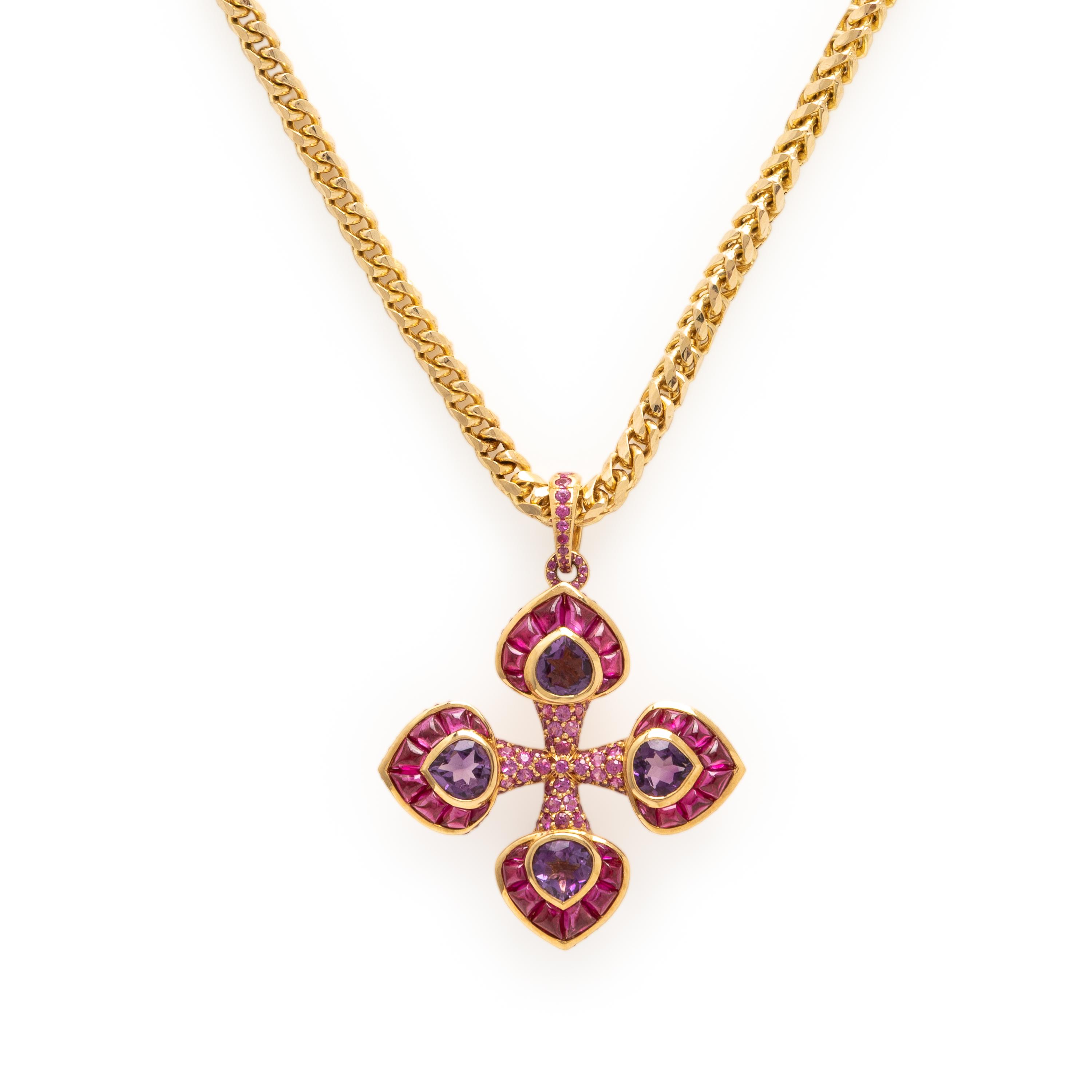 Marina B, Amethyst, Pink Sapphire, and Yellow Gold Cross Pendant Brooch