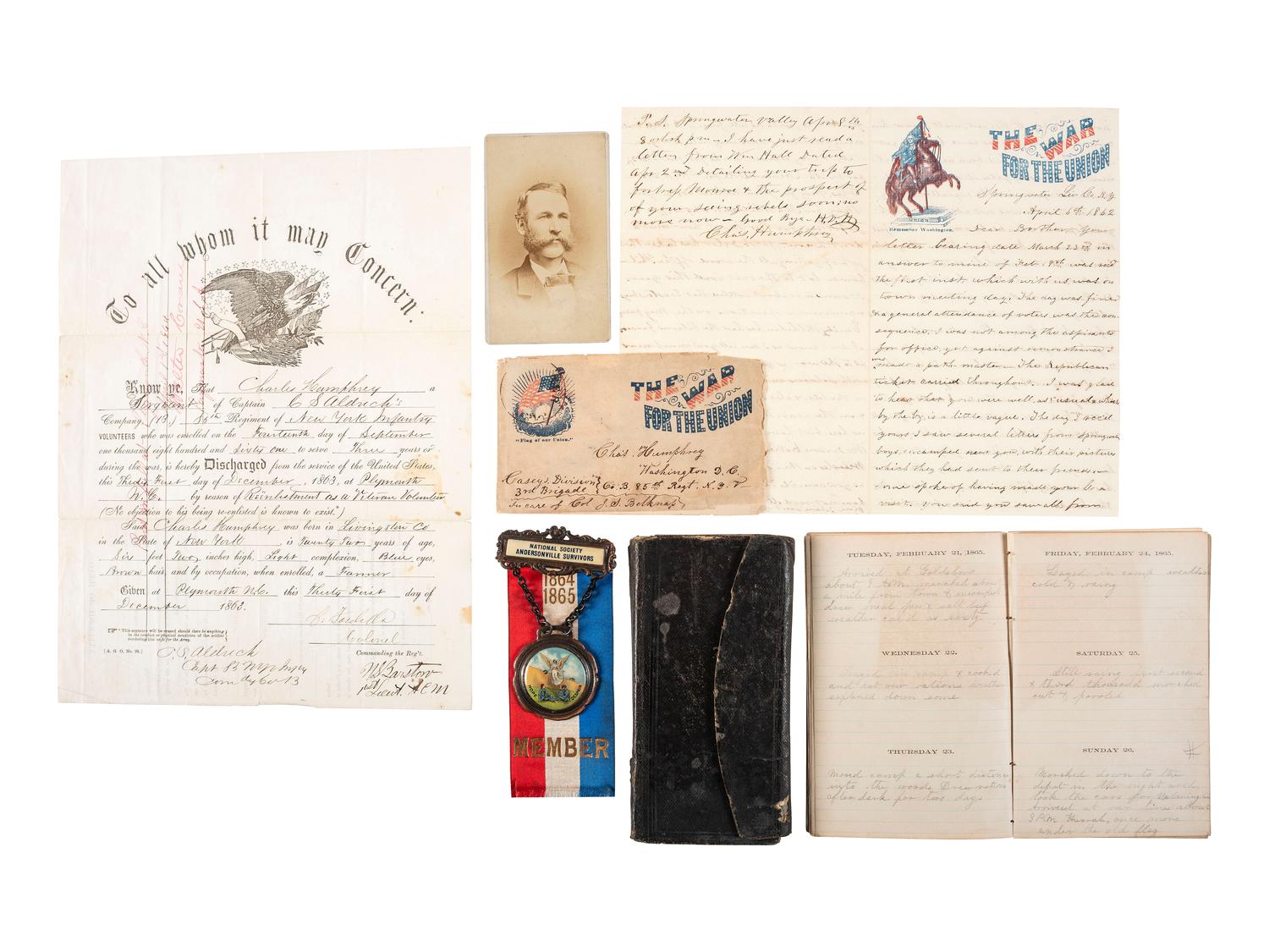 [CIVIL WAR]. Extensive archive of Charles H. Humphrey, 85th New York Infantry, highlighted by his 1864 and 1865 diaries while a POW at Andersonville, Charleston, and Florence.