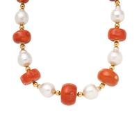 YELLOW GOLD, CULTURED BAROQUE PEARL AND CORAL BEAD NECKLACE
