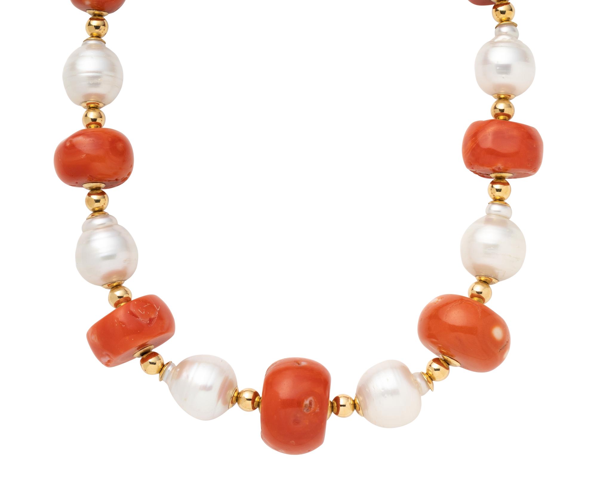 YELLOW GOLD, CULTURED BAROQUE PEARL AND CORAL BEAD NECKLACE