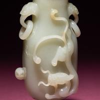 A Chinese Pale Celadon Jade 'Dragon' Covered Vase, 18th/19th Century — 清中期 青白玉螭龍紋雙耳賞瓶