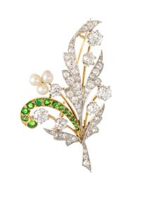 An Edwardian Platinum Topped Gold, Diamond, Demantoid Garnet and Pearl Foliate Motif Brooch, 8.00 dwts.