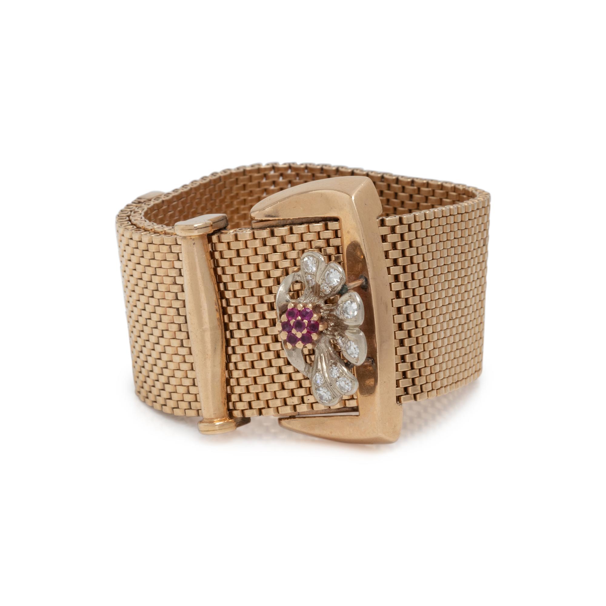 RETRO, YELLOW GOLD, RUBY AND DIAMOND BELT MOTIF BRACELET