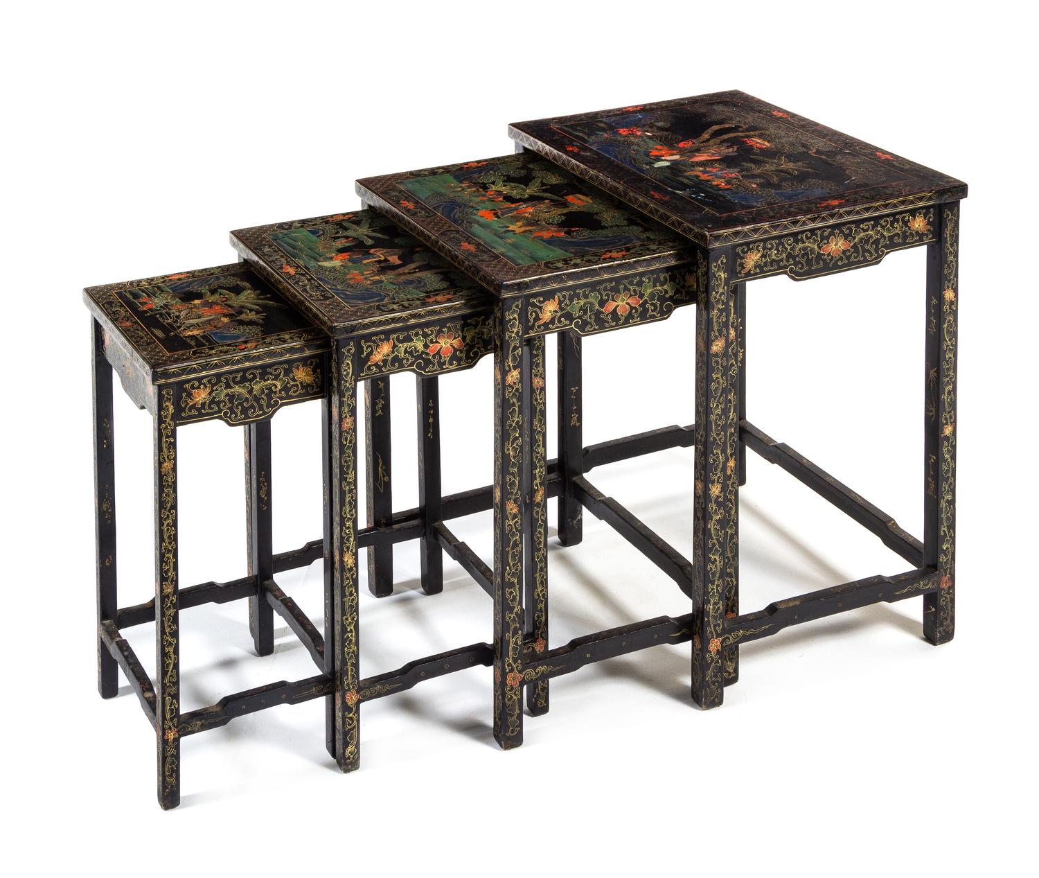 A Chinese Gilt Highlighted Polychrome Painted Black Lacquered Nesting Table Height 25 1/2 x width 21 1/2 x depth 15 1/2 inches. — QING DYNASTY (1644-1911)