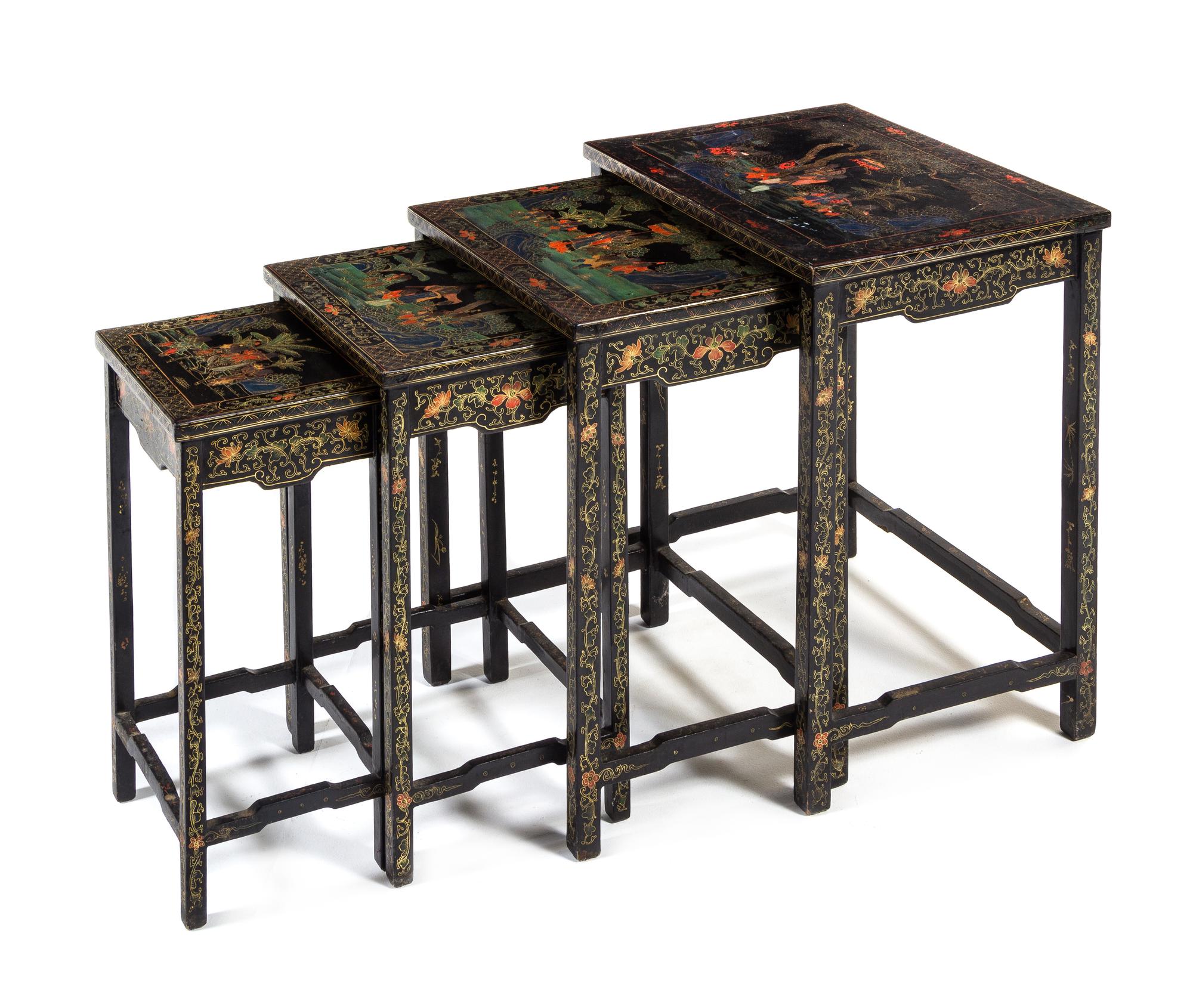 A Chinese Gilt Highlighted Polychrome Painted Black Lacquered Nesting Table Height 25 1/2 x width 21 1/2 x depth 15 1/2 inches. — QING DYNASTY (1644-1911)