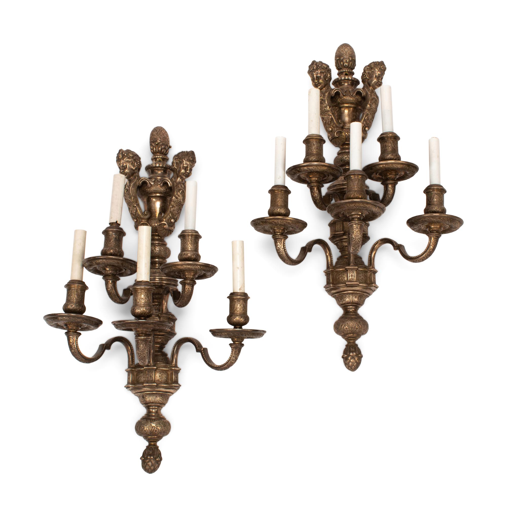 A Pair of Napoleon III Style Silvered Bronze Five-Light Sconces