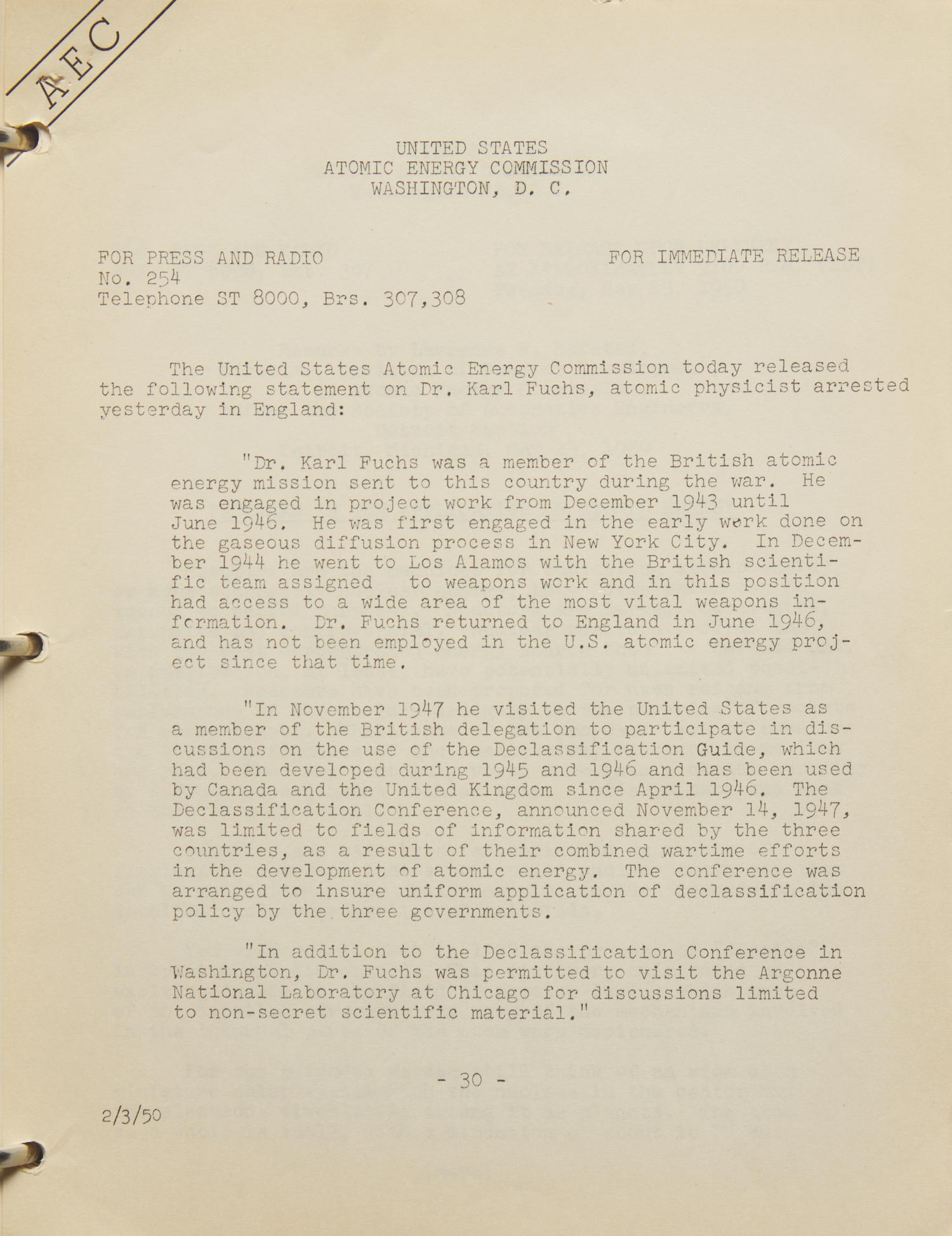[Atomic Energy Commission] Collection of Press Releases and Reports, 1948-52