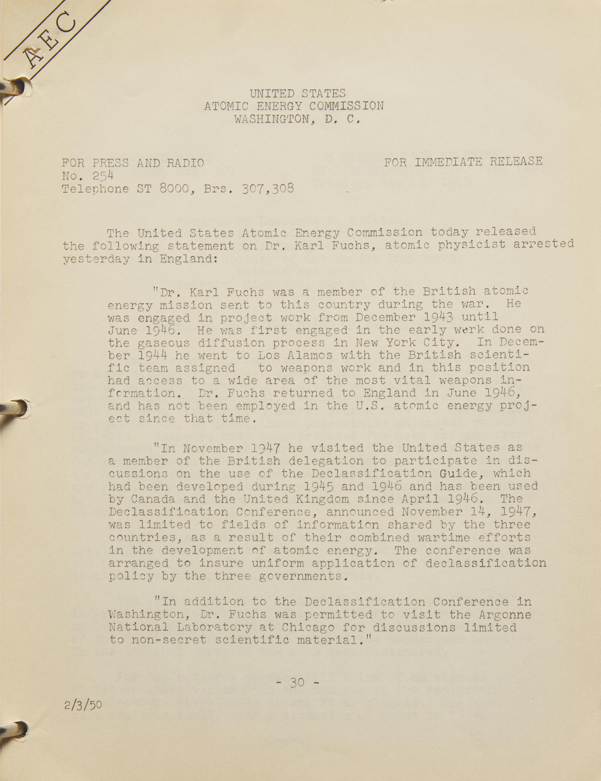 [Atomic Energy Commission] Collection of Press Releases and Reports, 1948-52