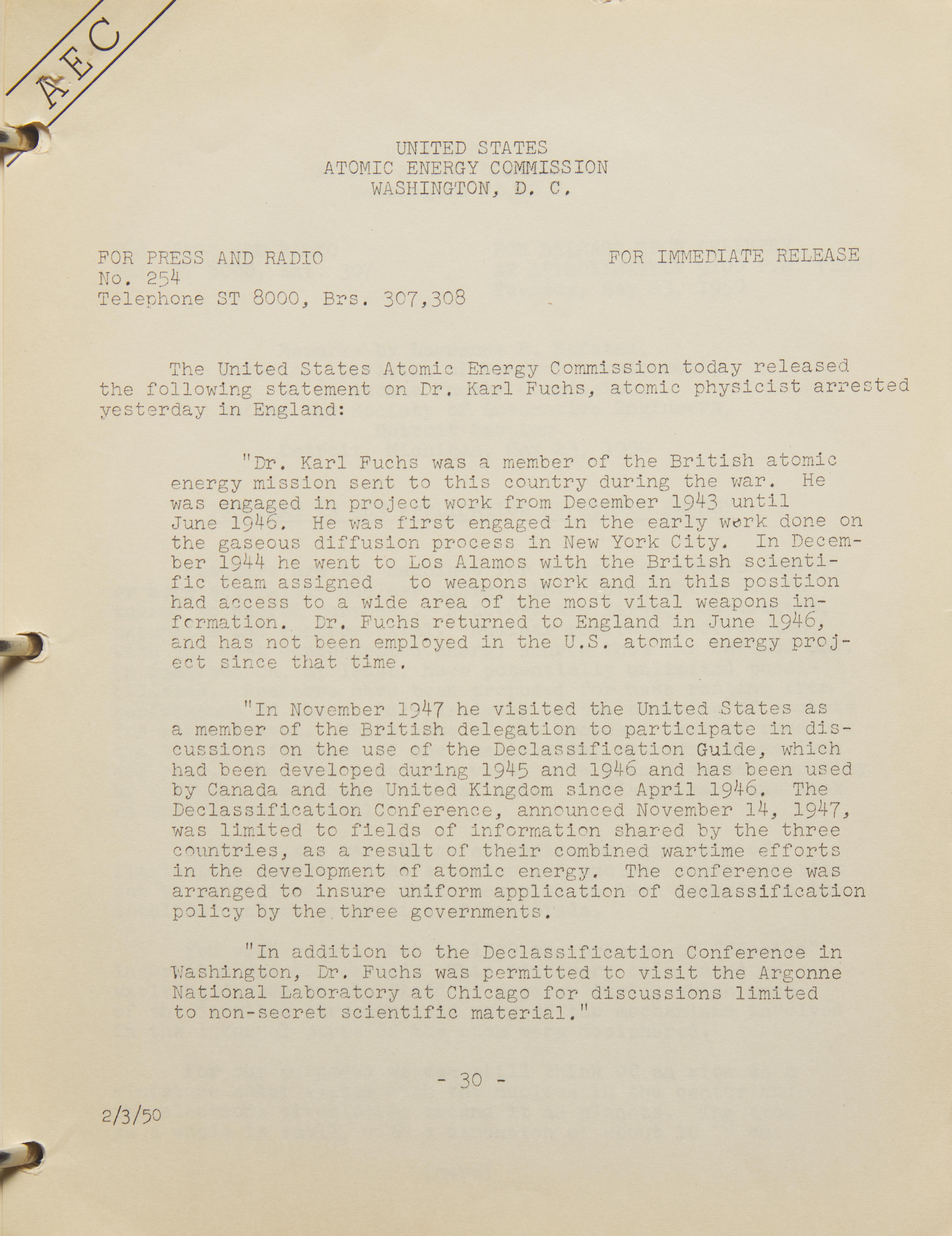 [Atomic Energy Commission] Collection of Press Releases and Reports, 1948-52