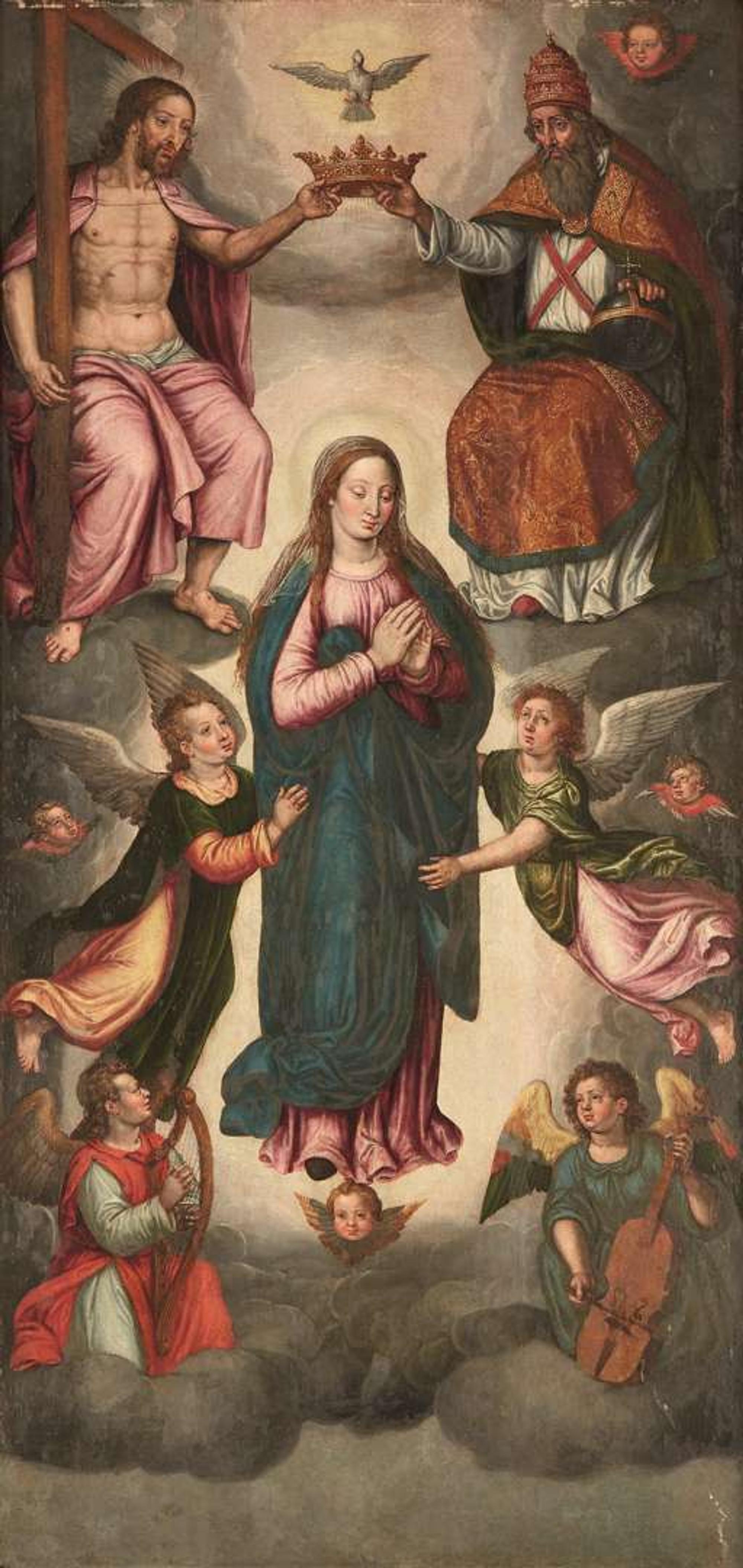 CIRCLE OF JACOB DE BACKER (FLEMISH C.1540-BEFORE 1600) A TRIPTYCHCENTER: THE MADONNA AND CHILD ENTHRONED WITH SAINT CATHERINE, SAINT AGNES, SAINT CECILIA, MARY MAGDALENE AND ANGELS | THE LEFT WING: THE ADORATION OF THE SHEPHERDS | THE RIGHT WING: THE A...