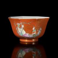 A Chinese Coral-Ground Famille Rose Octagonal Bowl, 20th Century — 近代 珊瑚紅地描金粉彩仙人乘槎圖八方碗