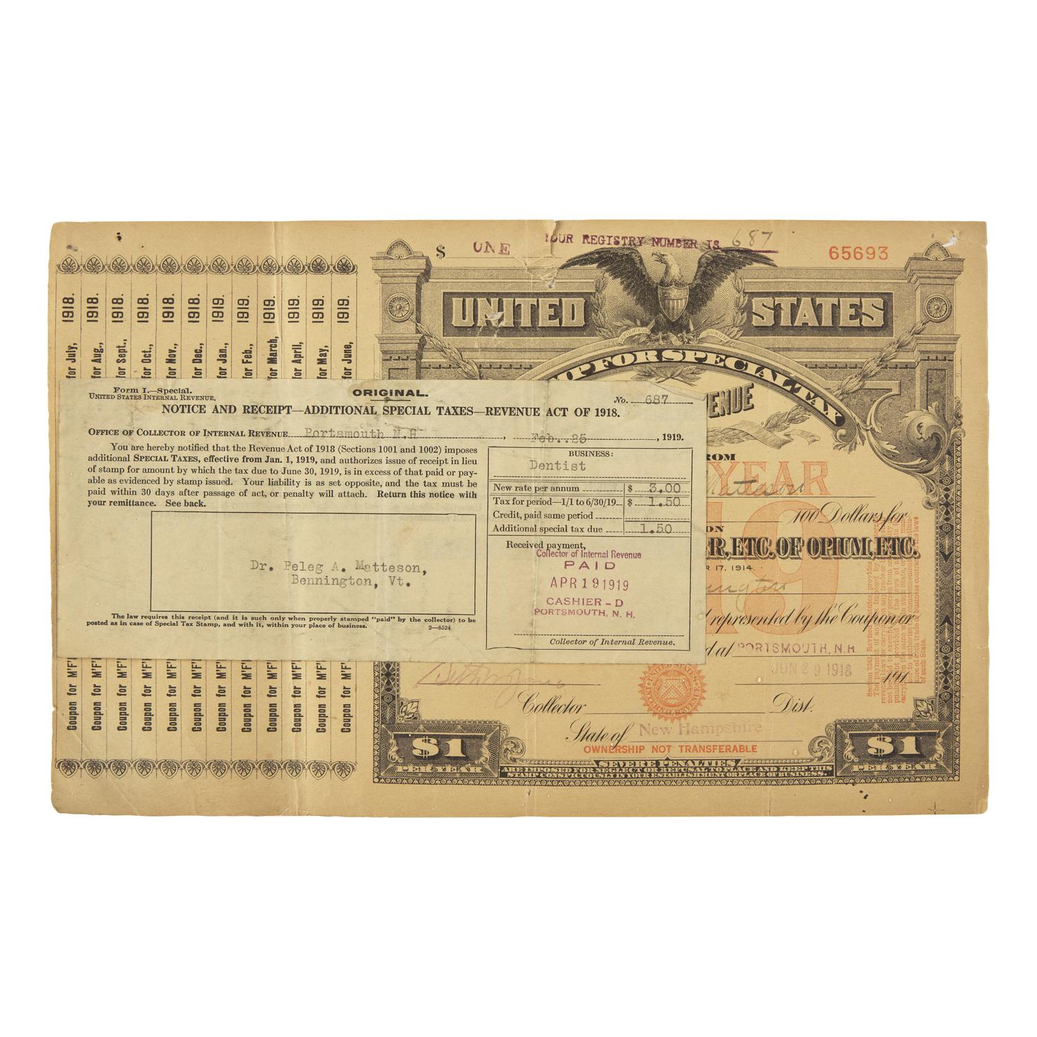 [Opium] Fine Engraved IRS Special Tax Document for the Sale of Opium, ca. 1918-1919
