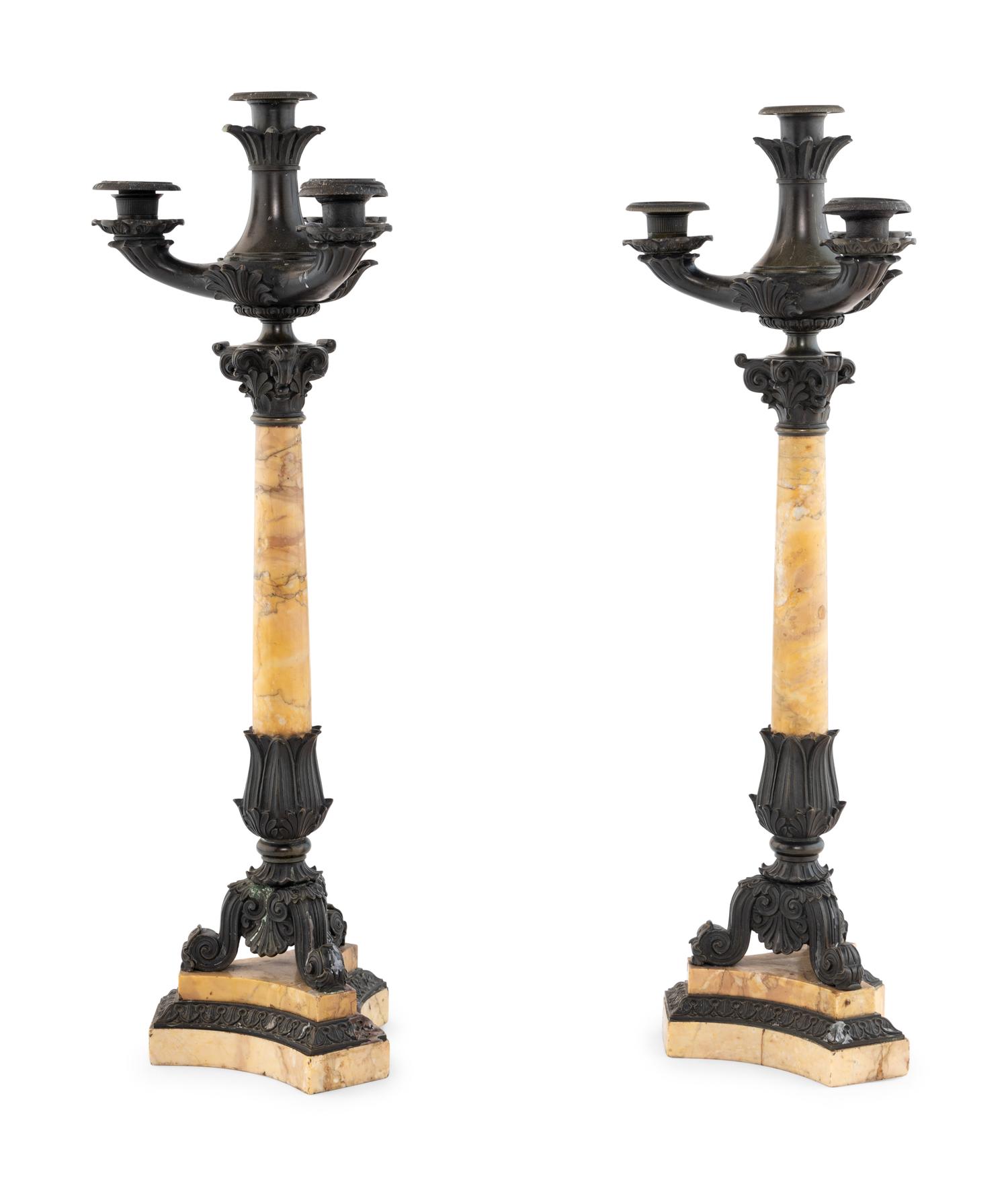 A Pair of French Marble and Patinated Bronze Candelabra