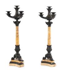 A Pair of French Marble and Patinated Bronze Candelabra