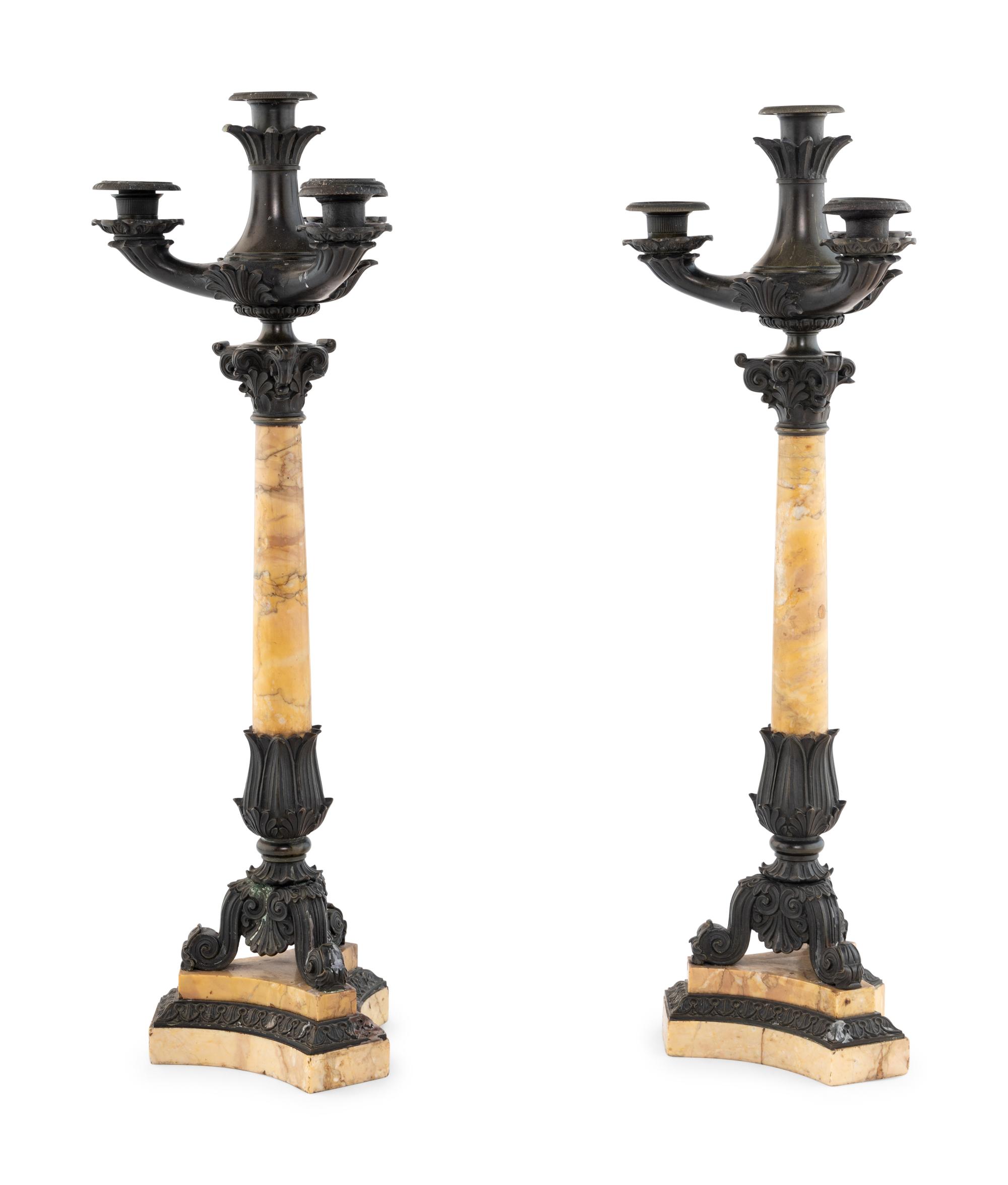 A Pair of French Marble and Patinated Bronze Candelabra