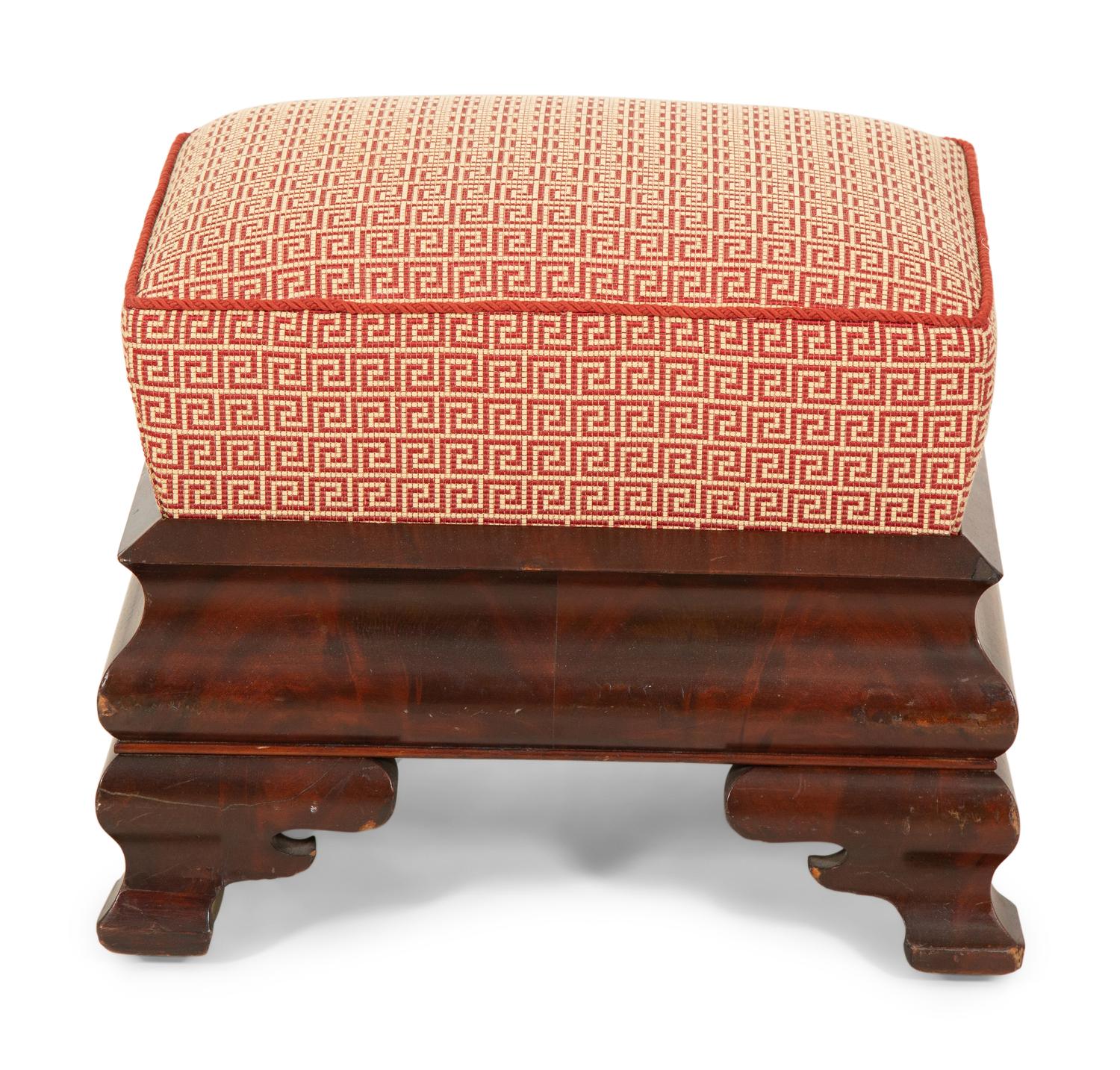 An American Empire Mahogany Foot Stool and a Printed Cotton Slip-Upholstered Club Chair